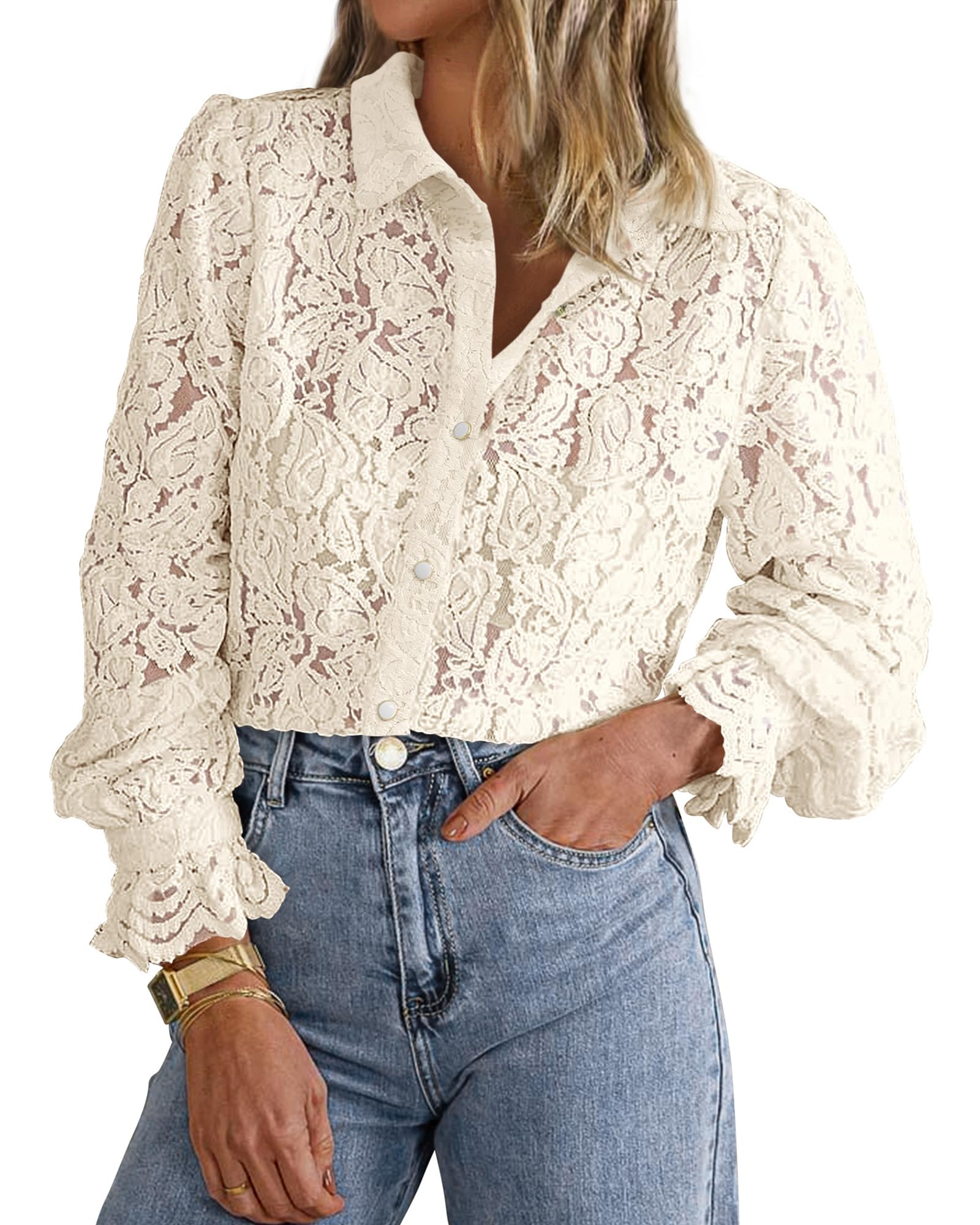 FreshPretty Long Sleeve Lace Blouses for Women Spring Dressy Casual Button Down Shirts Date Night Outfit Club Party Tops