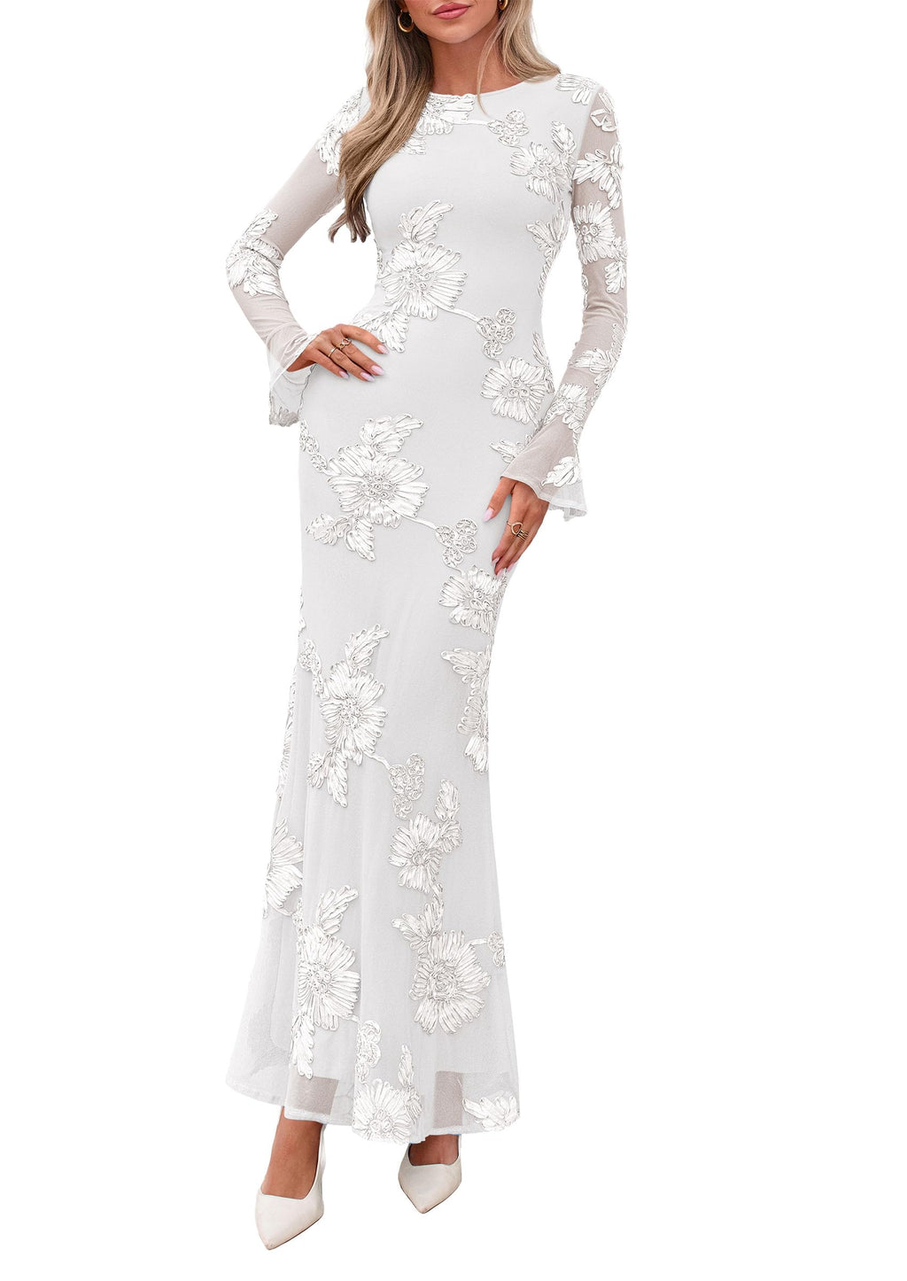 PRETTYGARDEN Women's Formal Floral Maxi Bodycon Dresses Ruffle Long Sleeve, Fall Winter Outfits 2026 for Wedding Guest, Homecoming & Cocktail, Slimming Mesh Dress with Lining