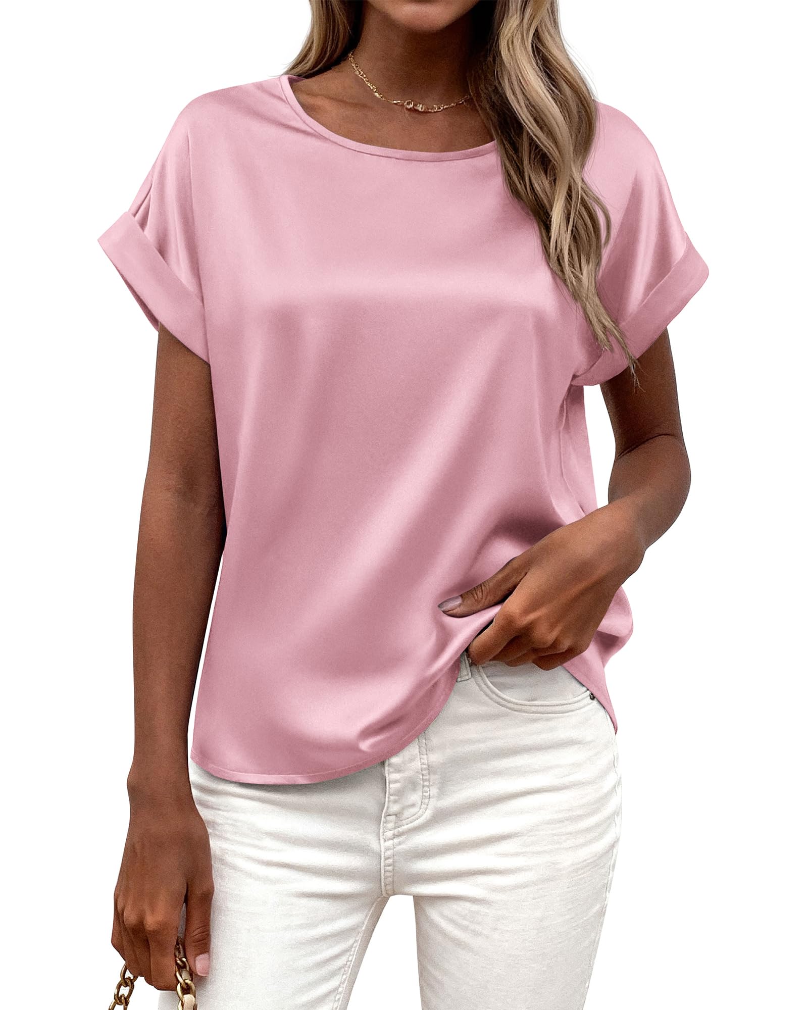 FreshPretty Womens Summer Tops Satin Silk Crewneck Short Sleeve Shirts Work Business Outfits Spring Blouses Dressy Casual