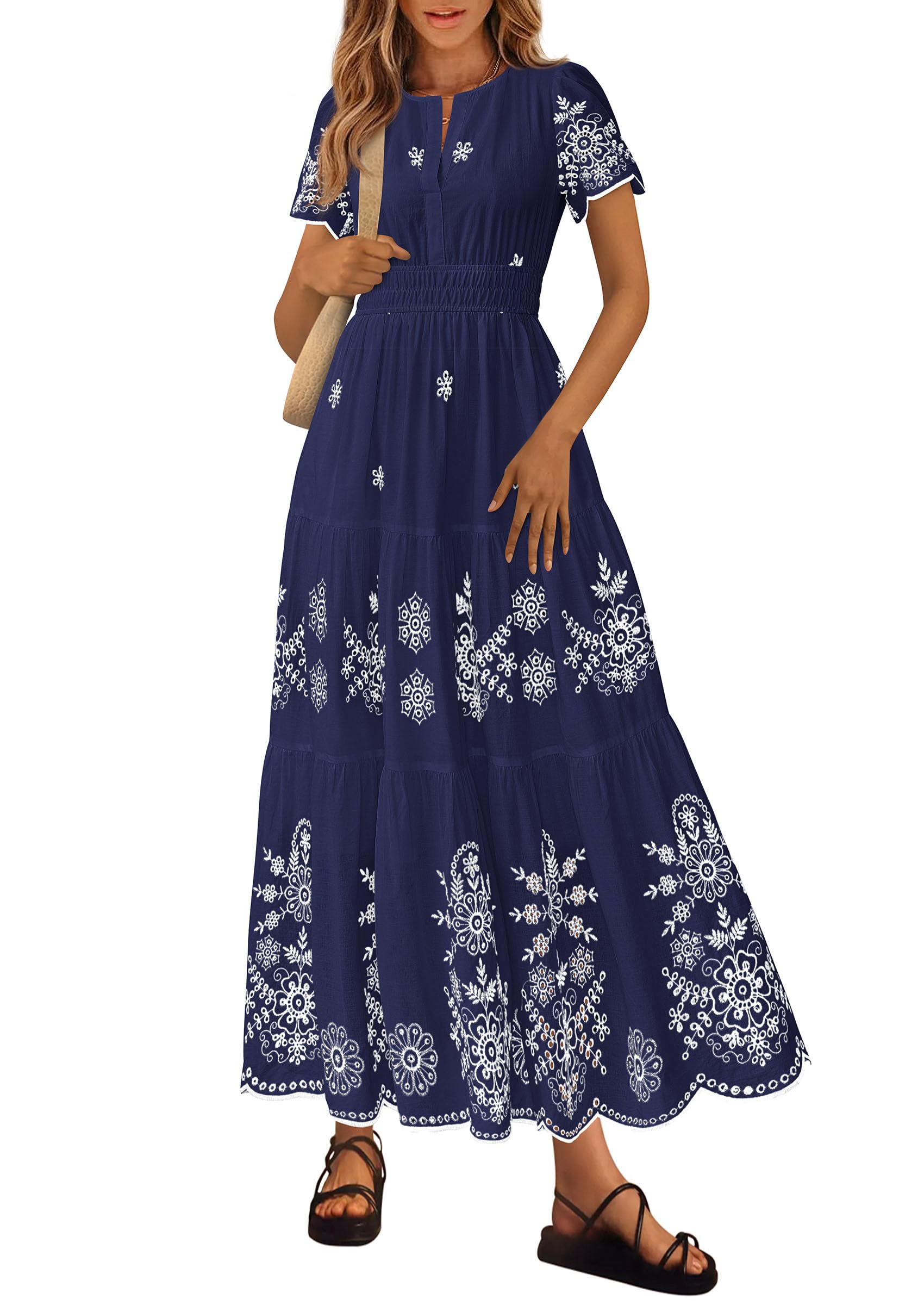 PRETTYGARDEN Boho Dresses for Women Summer Spring Casual Floral Short Sleeve V Neck Maxi Elastic Waist Dress Pockets