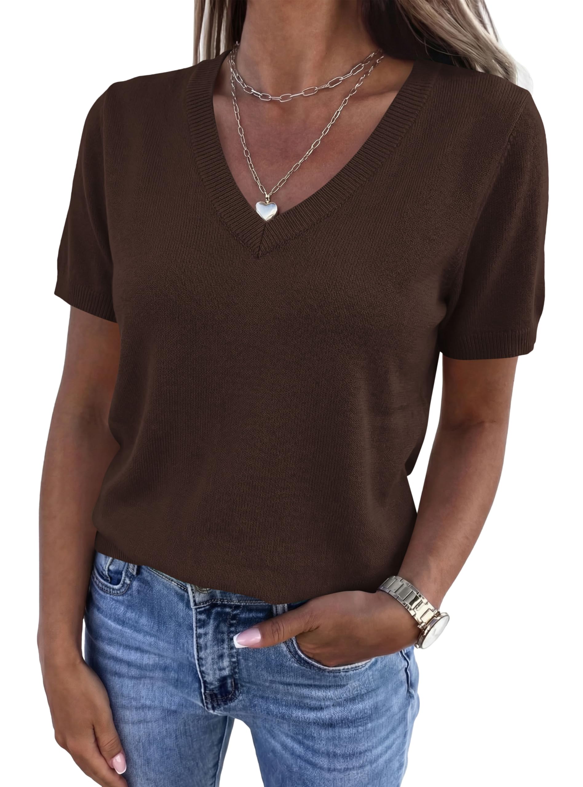 PRETTYGARDEN Womens Short Sleeve Sweater V Neck Trendy Pullover Tops Summer Spring Loose Lightweight Casual Blouse