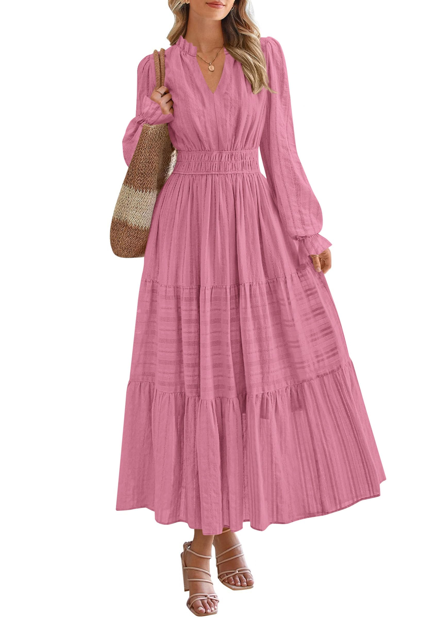 PRETTYGARDEN Women's Fall Wedding Guest Dresses Long Sleeve V Neck Flowy Elegant Holiday Party Maxi Dress with Pockets