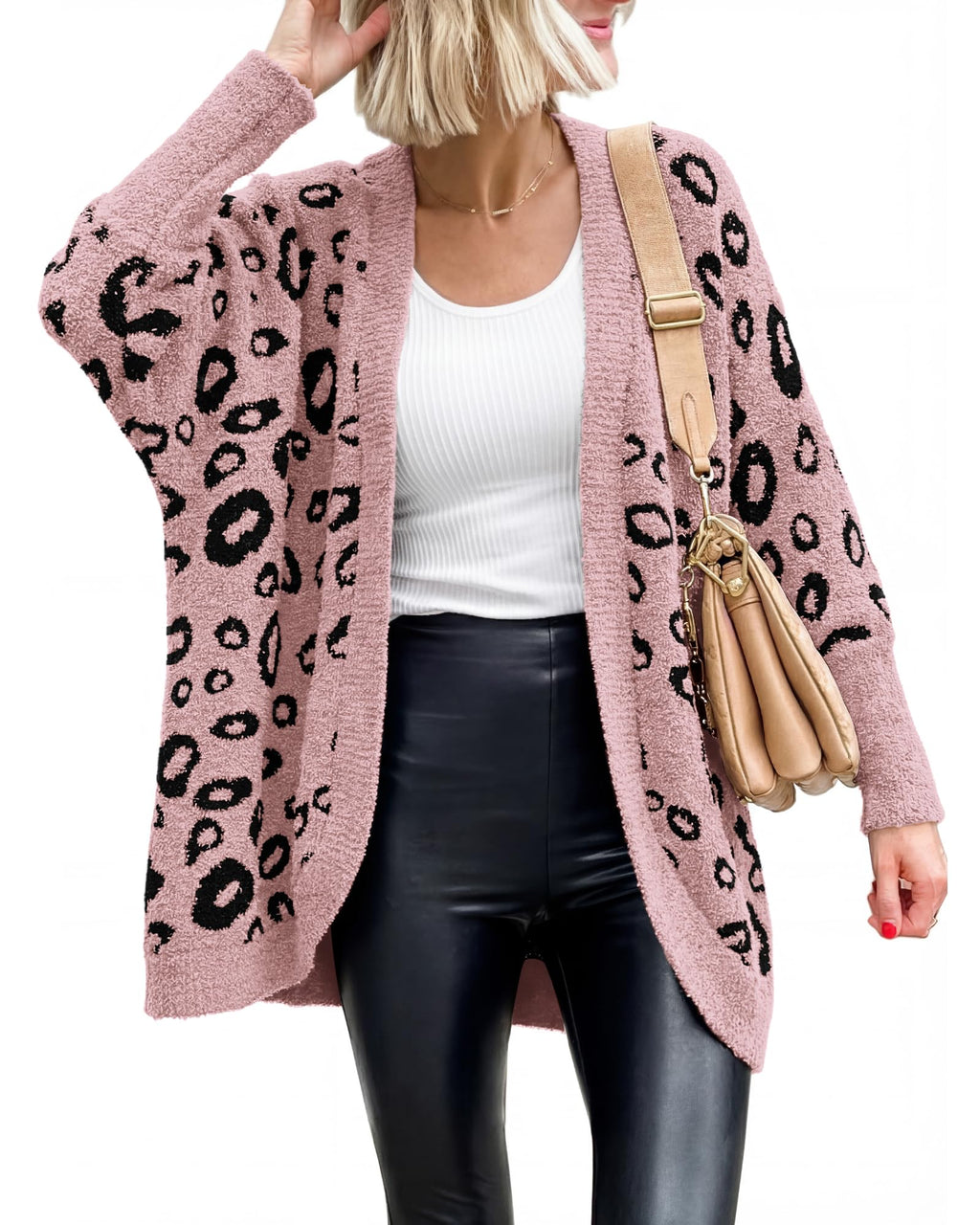 BTFBM Leopard Cardigan for Women Long Sleeve Open Front Cardigans Sweaters Pockets Loose Knit Fall Spring Outwear