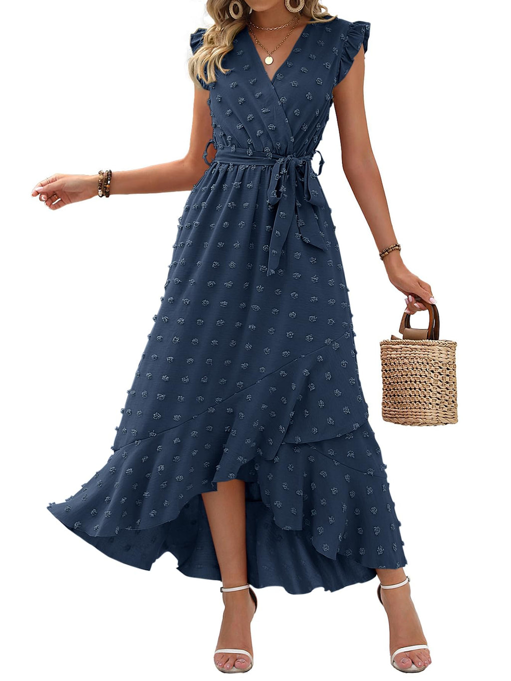 BTFBM Boho Dresses for Women Spring Fashion Cap Sleeve Swiss Dot Flowy Ruffle Beach Wedding Cocktail Maxi Dress