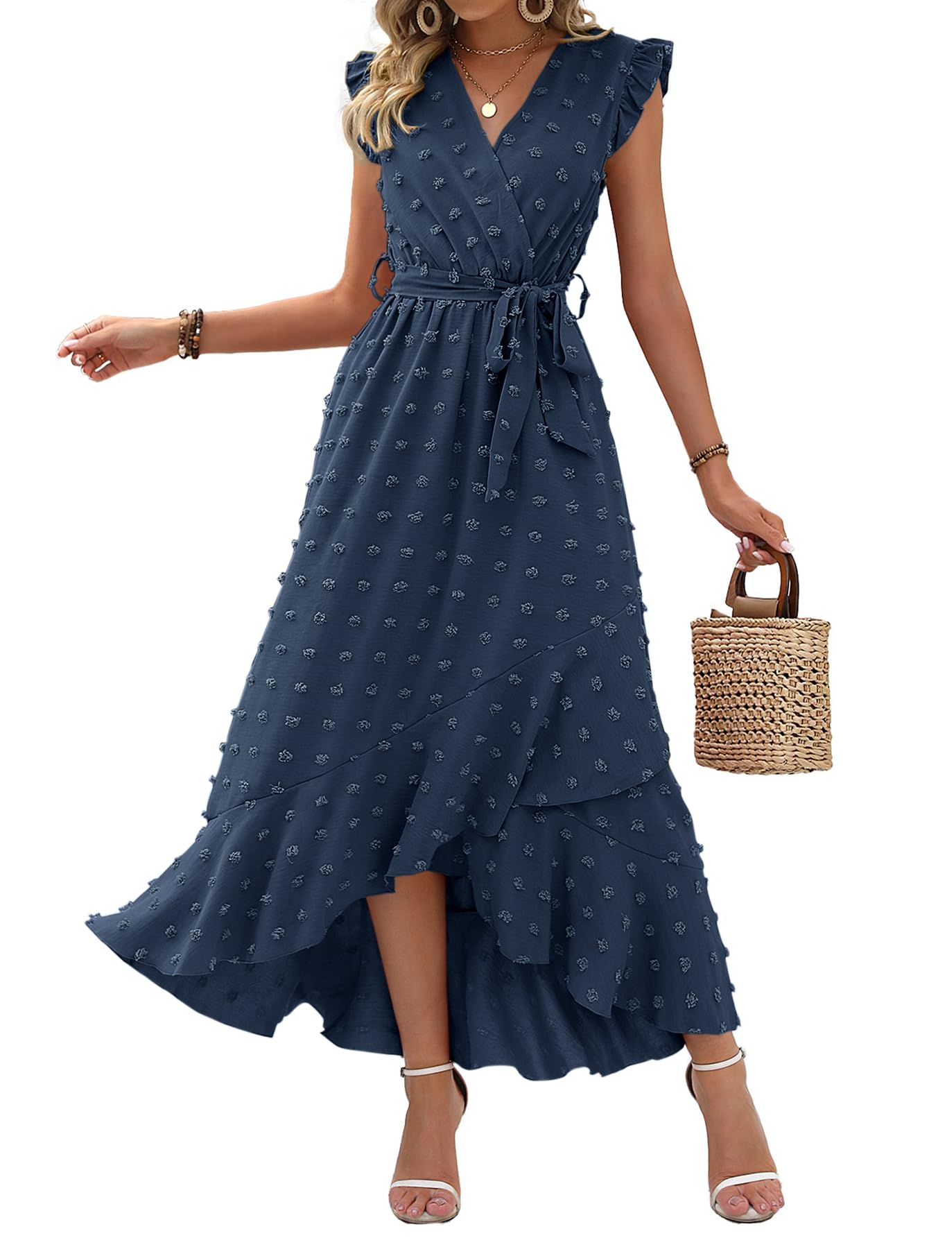 BTFBM Boho Dresses for Women Spring Fashion Cap Sleeve Swiss Dot Flowy Ruffle Beach Wedding Cocktail Maxi Dress