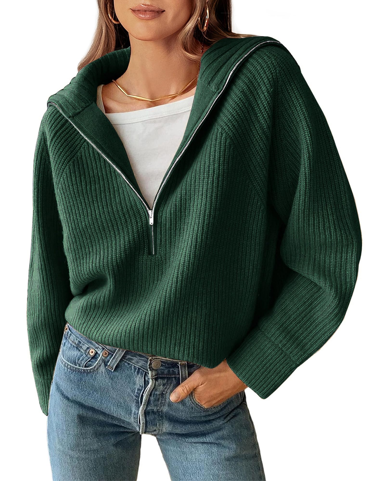 BTFBM Womens Sweaters Quarter Zip Pullover V Neck Collar Long Sleeve Ribbed Knit Loose Casual Winter Fall Sweater