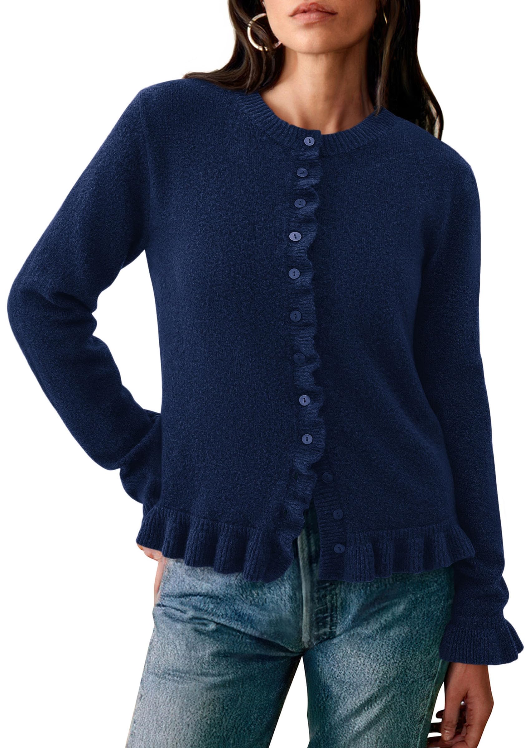 PRETTYGARDEN Womens Fall Button Down Cardigans Chunky Knit Ruffle Open Front Cropped Cardigan Sweaters Soft Long Sleeve Tops