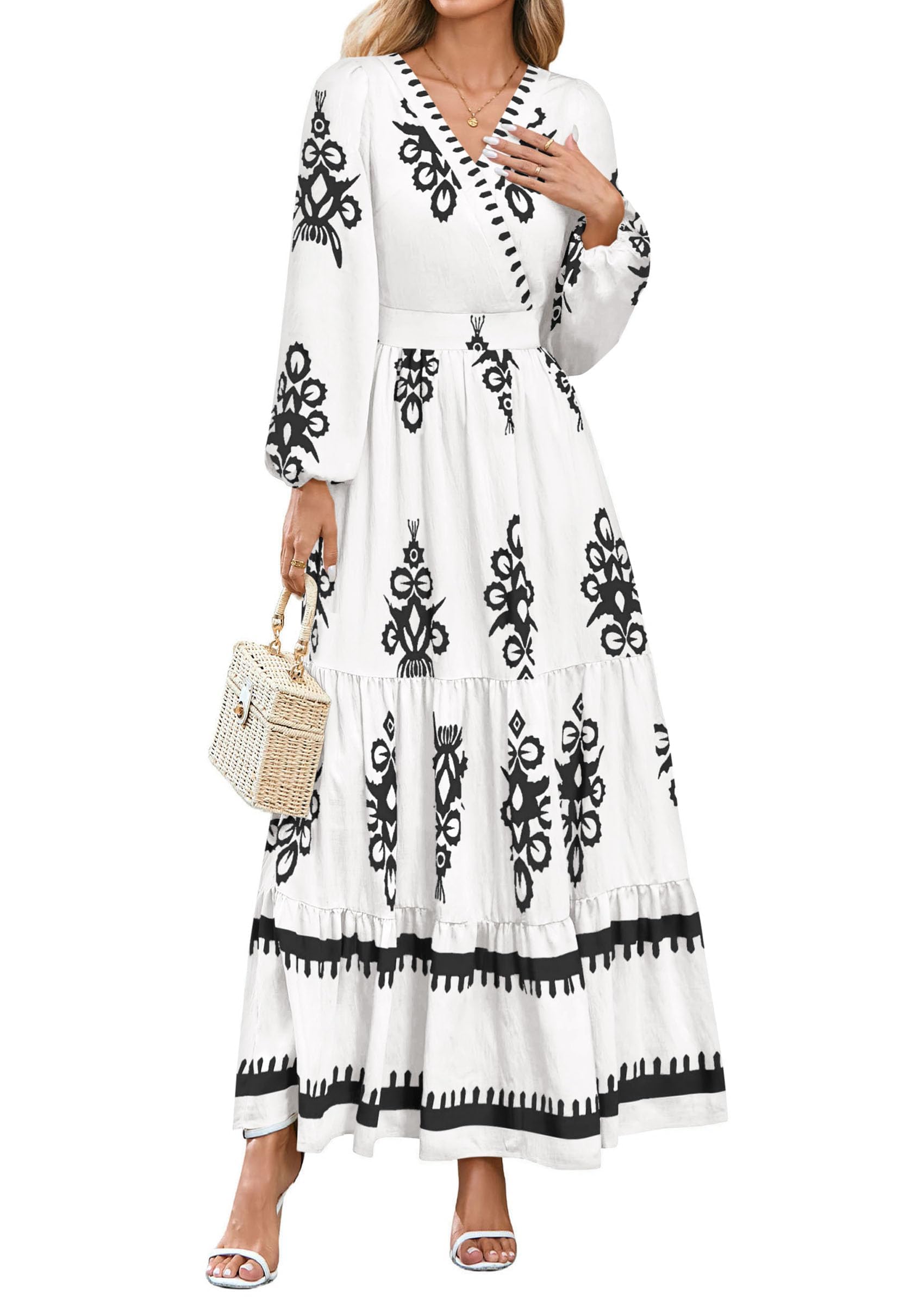 PRETTYGARDEN Women's Fall Wedding Guest Dresses Boho Floral Long Sleeve V Neck Flowy Elegant Maxi Dress Beach Clothes