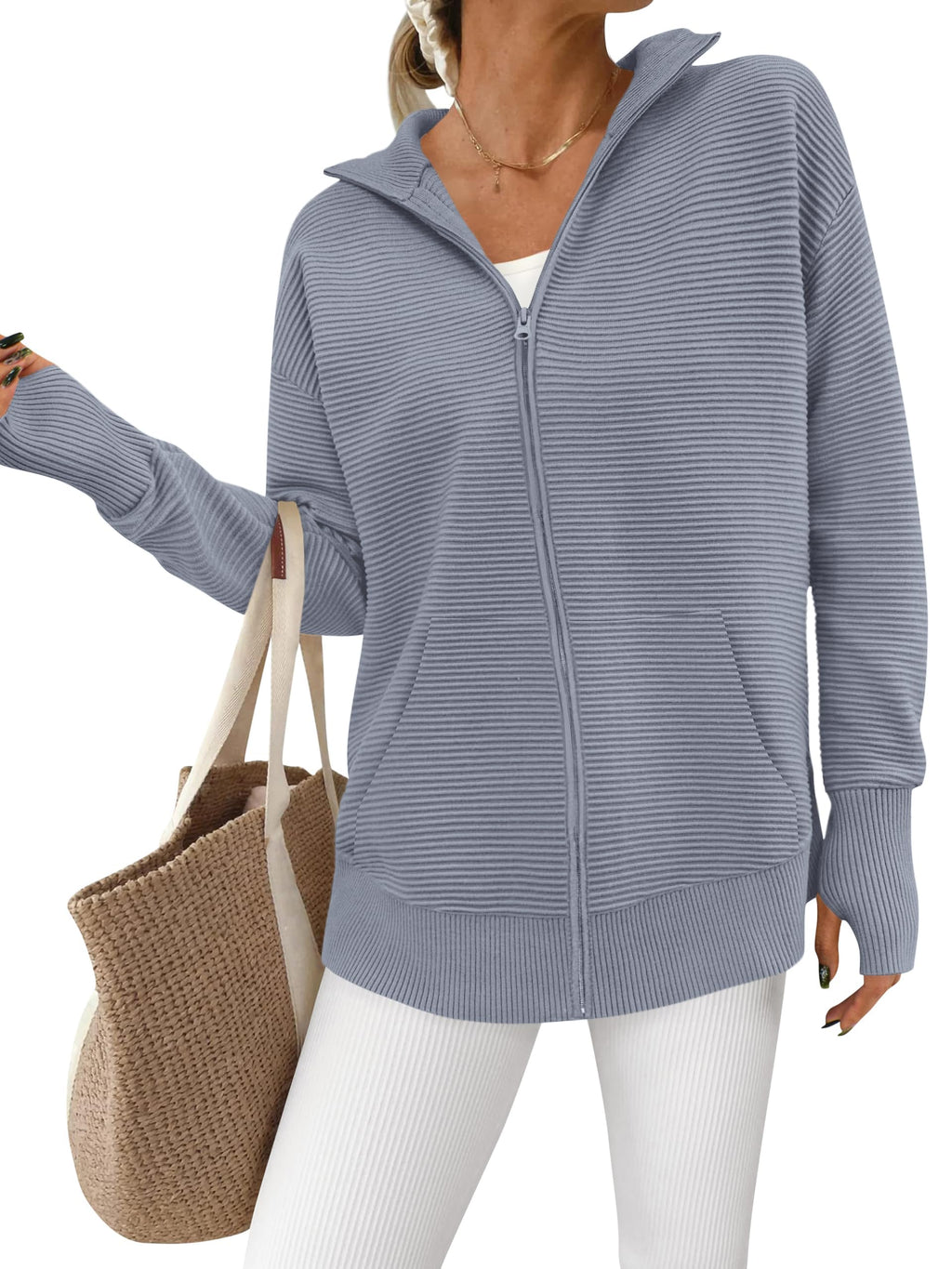 PRETTYGARDEN Womens Fall Long Sleeve Zip Up Cardigan Sweaters Casual Loose Collared Ribbed Knit Tops Jackets Thumb Hole