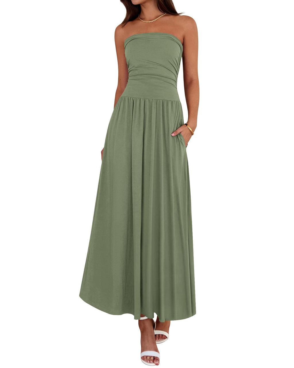 BTFBM Summer Maxi Dresses for Women Strapless Ruched Tube Top Beach Vacation Spring Wedding Guest Dress Pockets