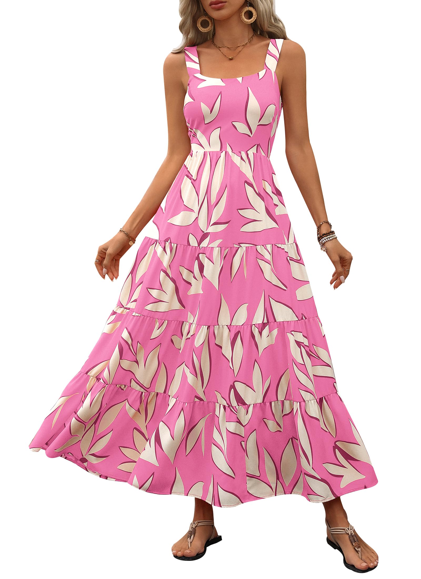PRETTYGARDEN Women's Summer Floral Maxi Dress Sleeveless Smocked Ruffle Long Flowy Beach Vacation Boho Sundresses