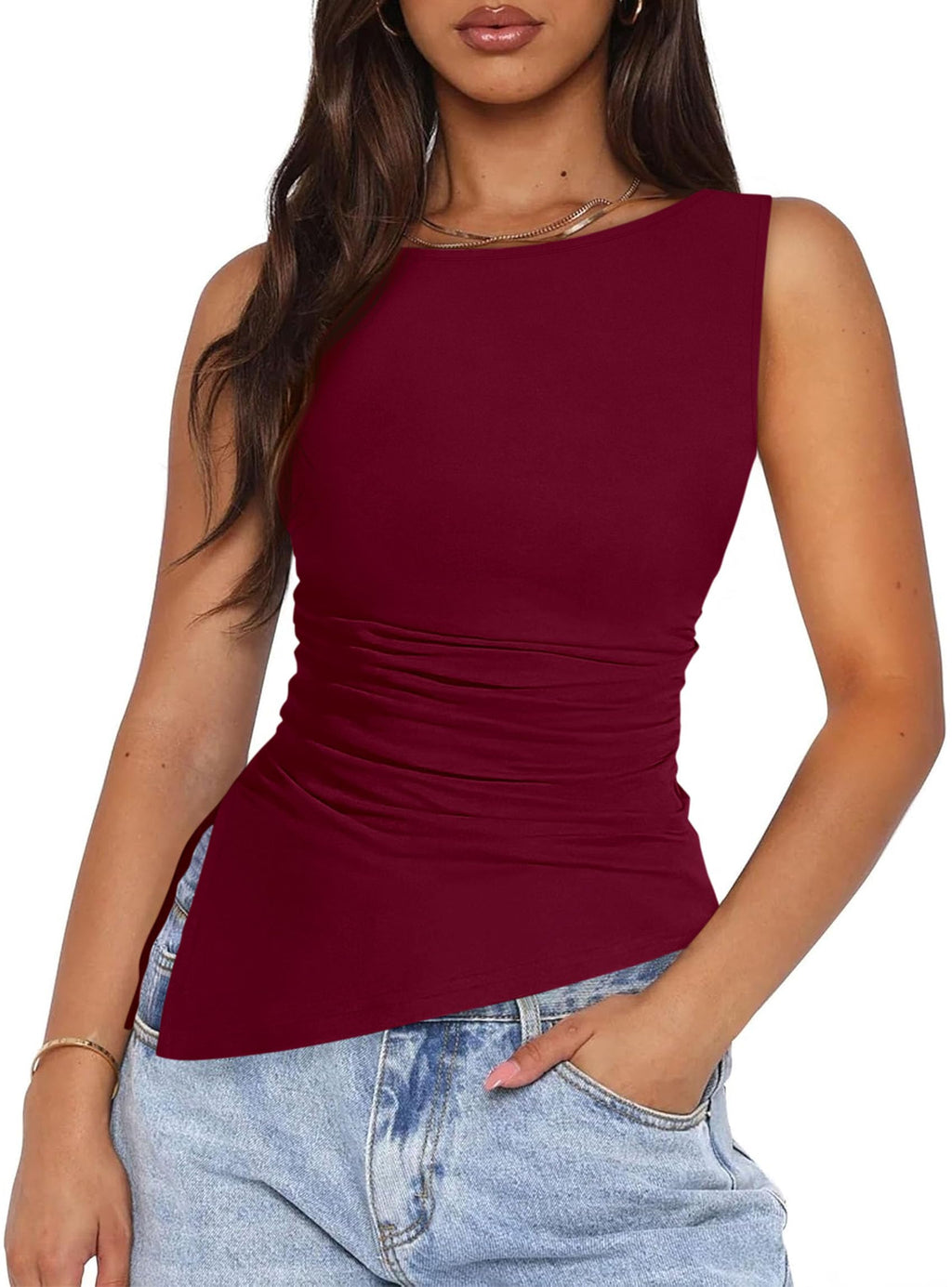 PRETTYGARDEN Womens Ruched Tank Tops  Summer Sleeveless Slim Fit T Shirts Blouses Going Out Y2K Fashion Clothes