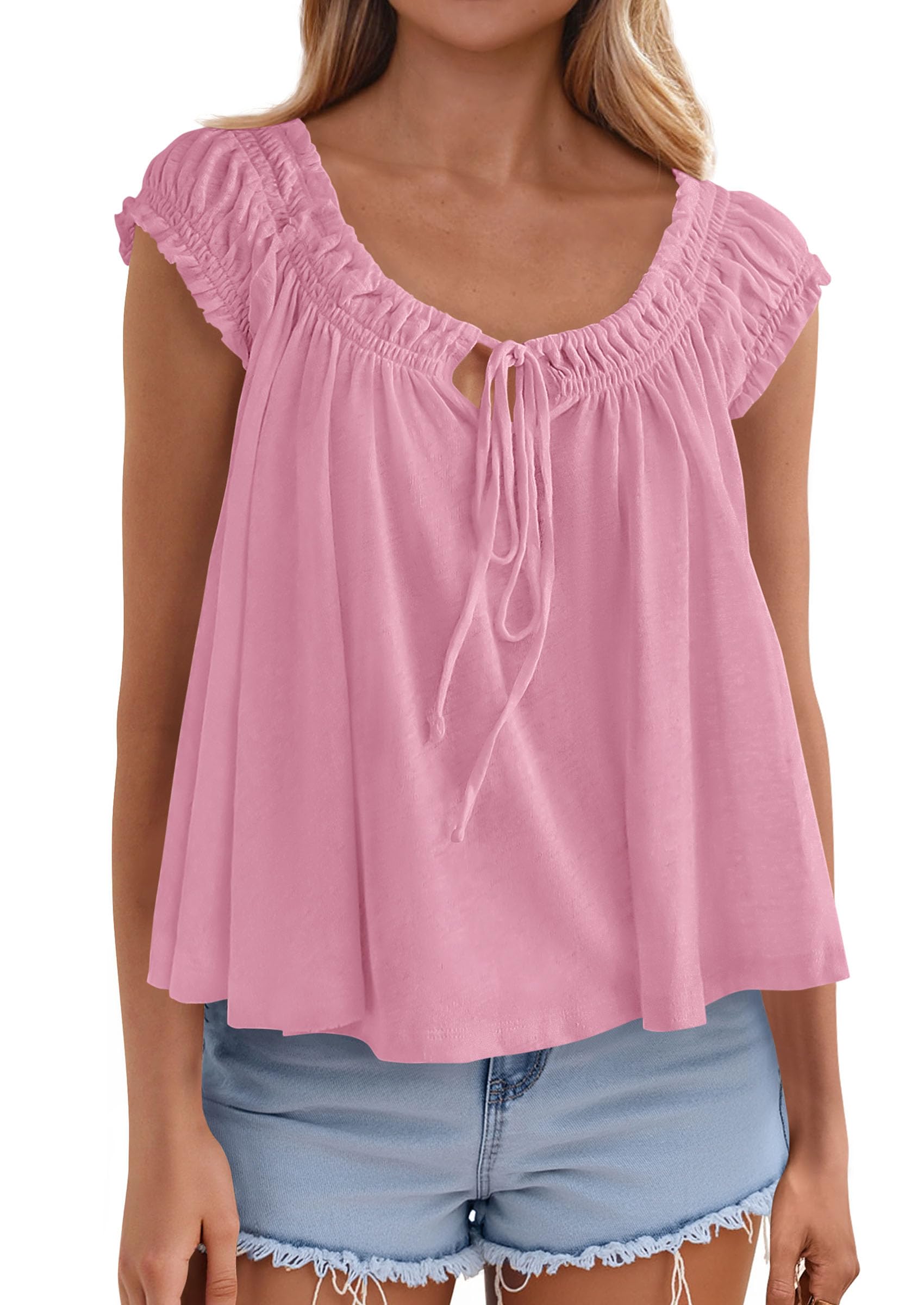 PRETTYGARDEN Women Babydoll Tops Summer Clothes Cap Sleeve Tie Front Flowy Tank Top Peplum Blouses Cute Going Out Shirts