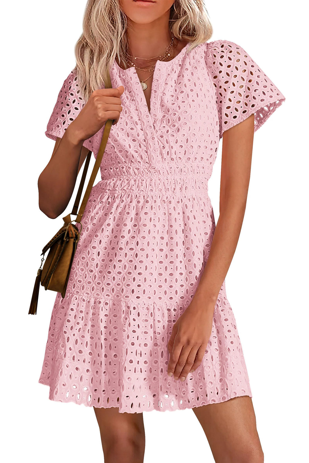 PRETTYGARDEN Womens Summer Short Dress V Neck Short Sleeve A Line Hollow Out Lace Ruffle Cute Casual Beach Party Dresses