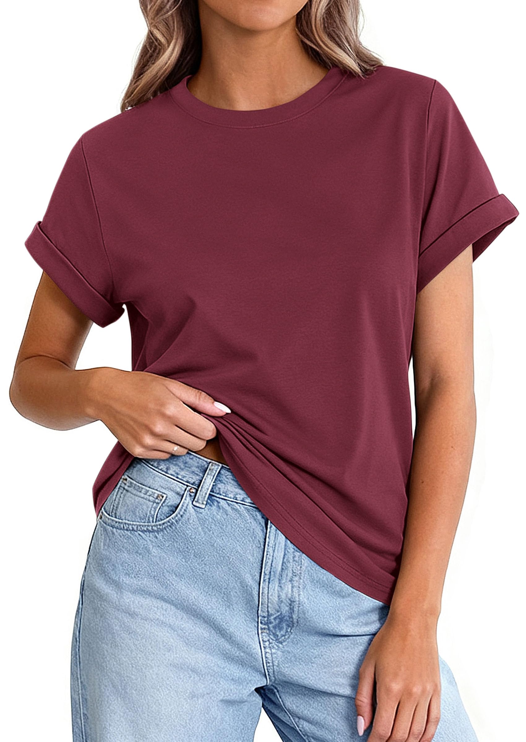PRETTYGARDEN Womens Summer Tops Spring Casual Rolled Short Sleeve Basic Tees Crew Neck Work Shirts Fashion Clothing
