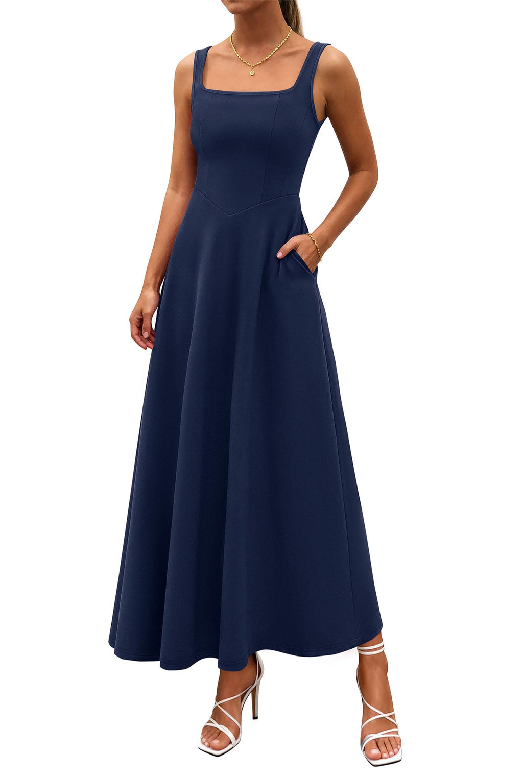 PRETTYGARDEN Womens Summer Dresses Sleeveless Elegant Square Neck Aline Swing Maxi Beach Wedding Guest Dress Pockets