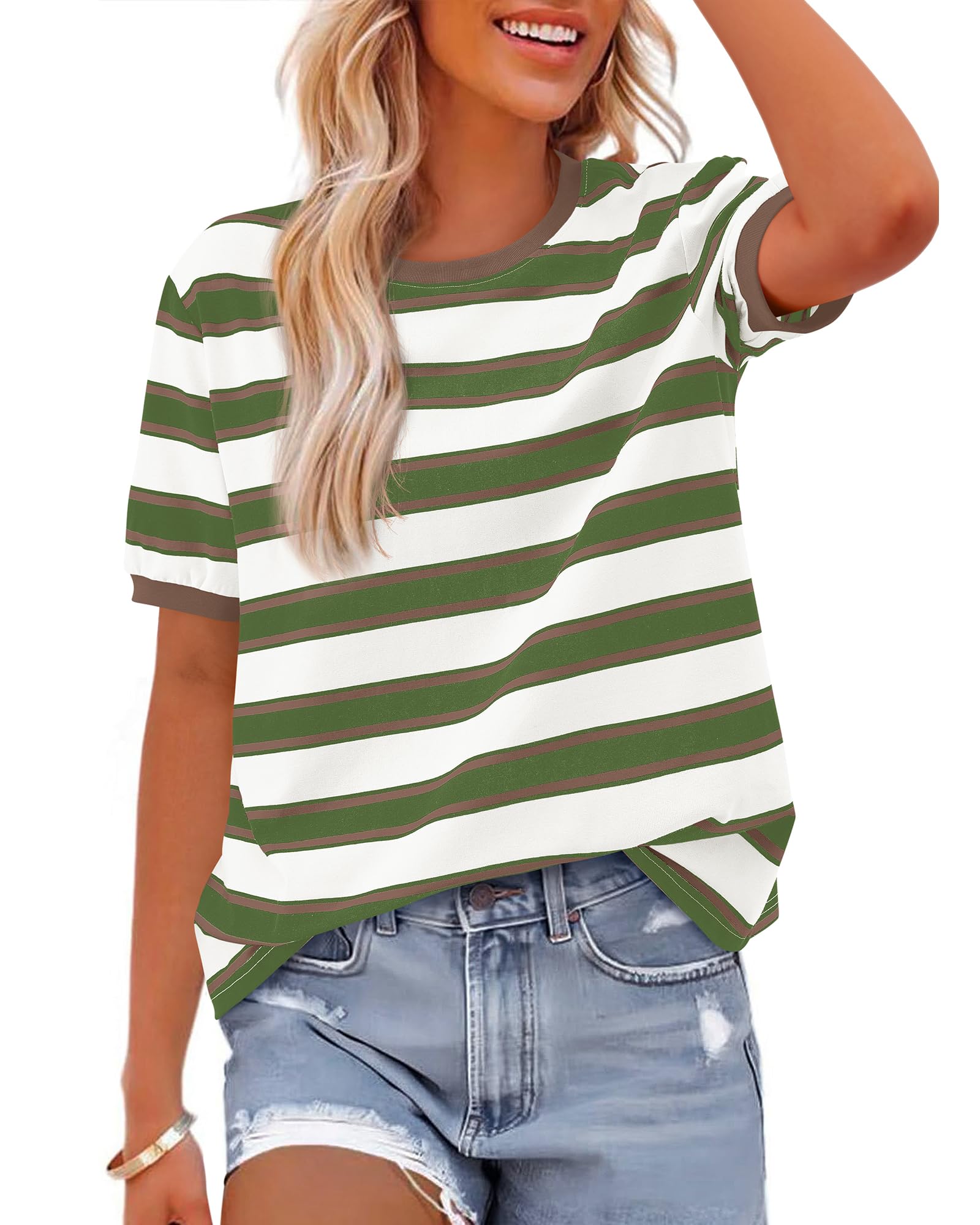 BTFBM Summer Tops for Women Crewneck Short Sleeve Striped T Shirts Casual Spring Clothes Color Block Basic Tee Blouses