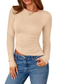 PRETTYGARDEN Womens Long Sleeve Shirts Fall Trendy Crewneck Slim Fit Asymmetrical Going Out Tops Ruched Tee Y2k Clothes