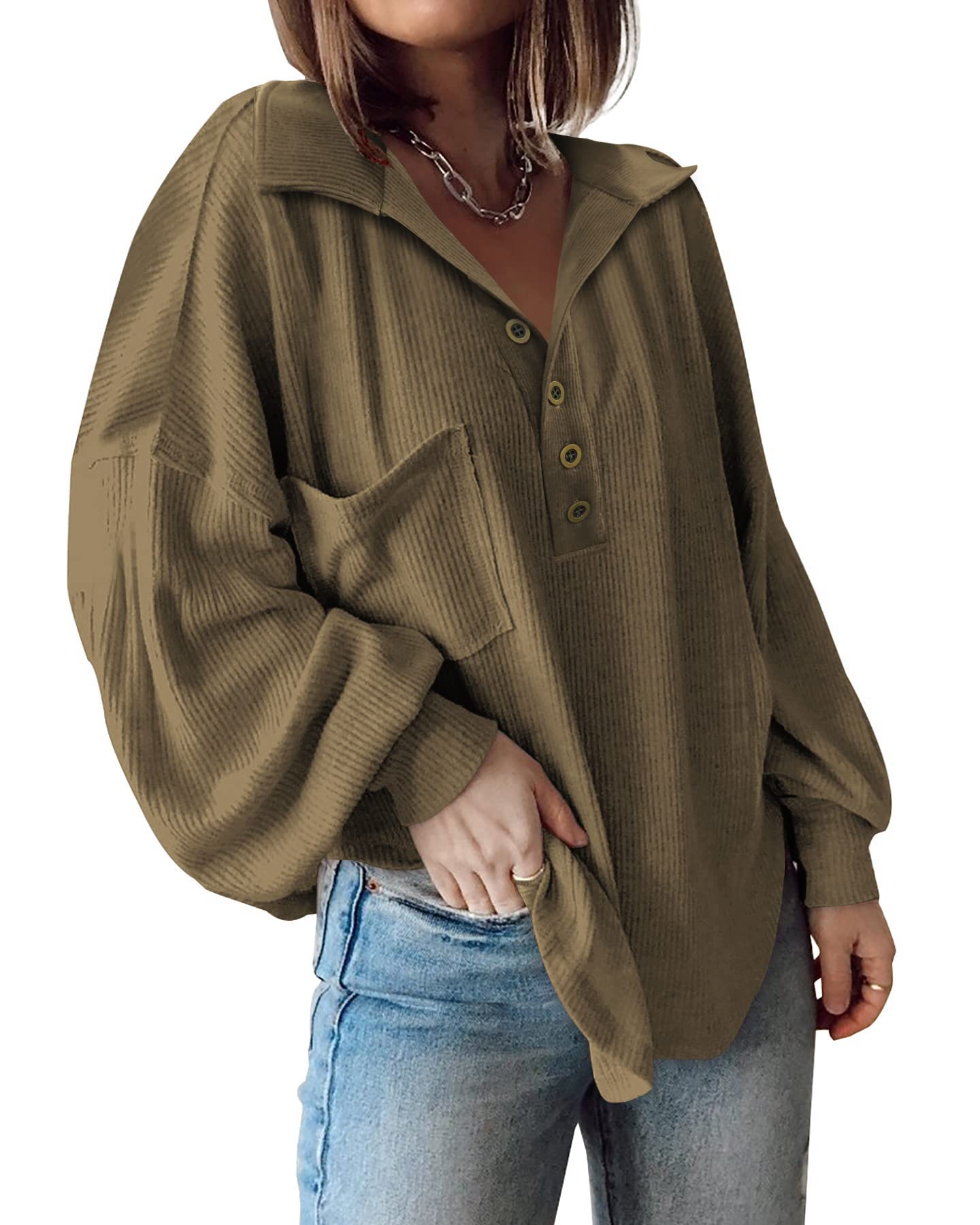 FreshPretty Womens Fall Fashion Long Sleeve Shirts Casual V Neck Ribbed Knit Blouses Pullover Trendy Loose Fit Tunic Tops