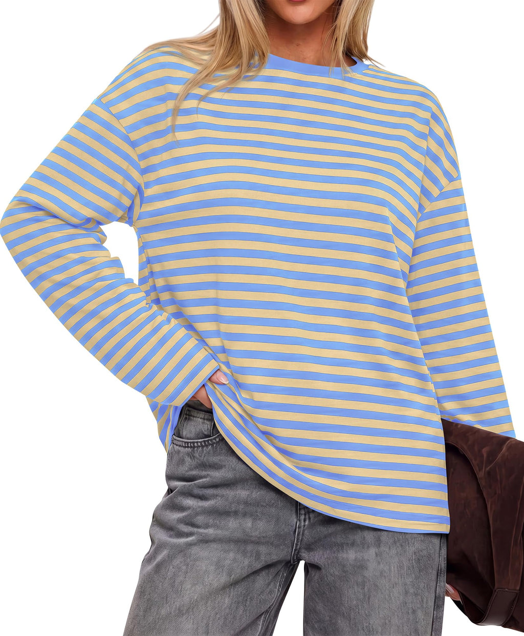BTFBM Womens Long Sleeve Tops Fall Fashion | Lightweight, Crew Neck, Oversized Striped Shirt Women, Y2k Clothes, Vacation Travel Outfits, Going Out Top, Winter Layering
