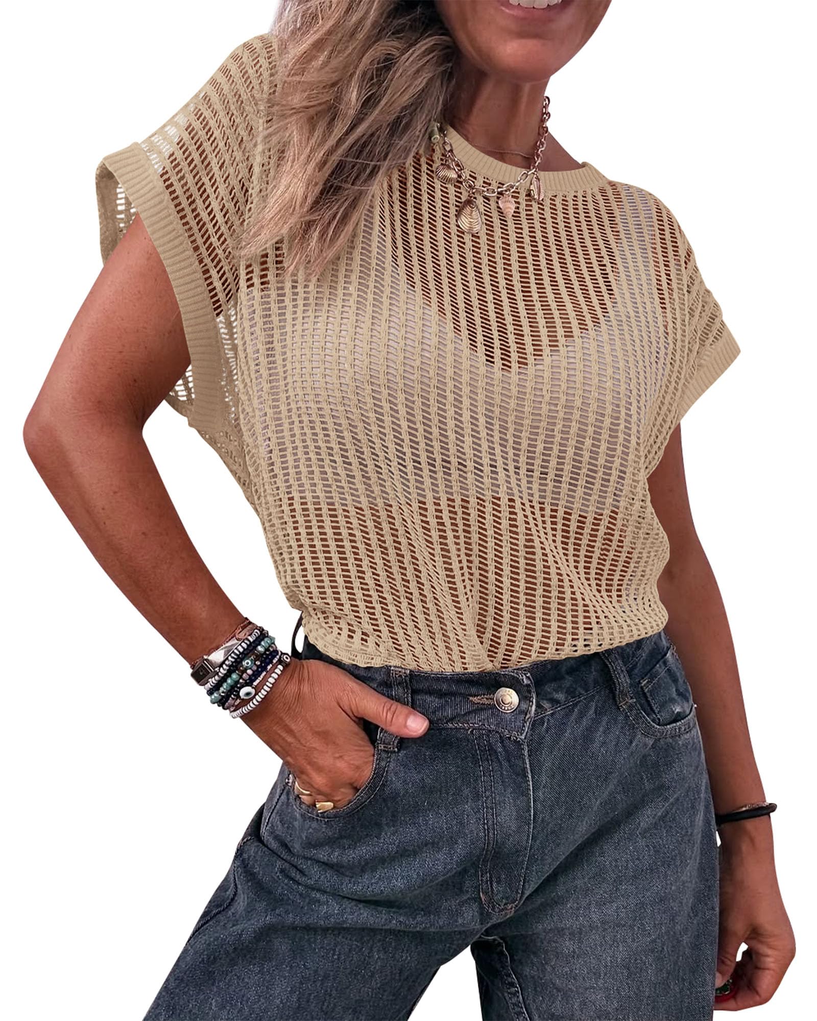 FreshPretty Beach Cover Ups for Women Crochet Mesh Top Boho Lightweight Summer Sweater Cruise Resort Wear Vacation Outfits