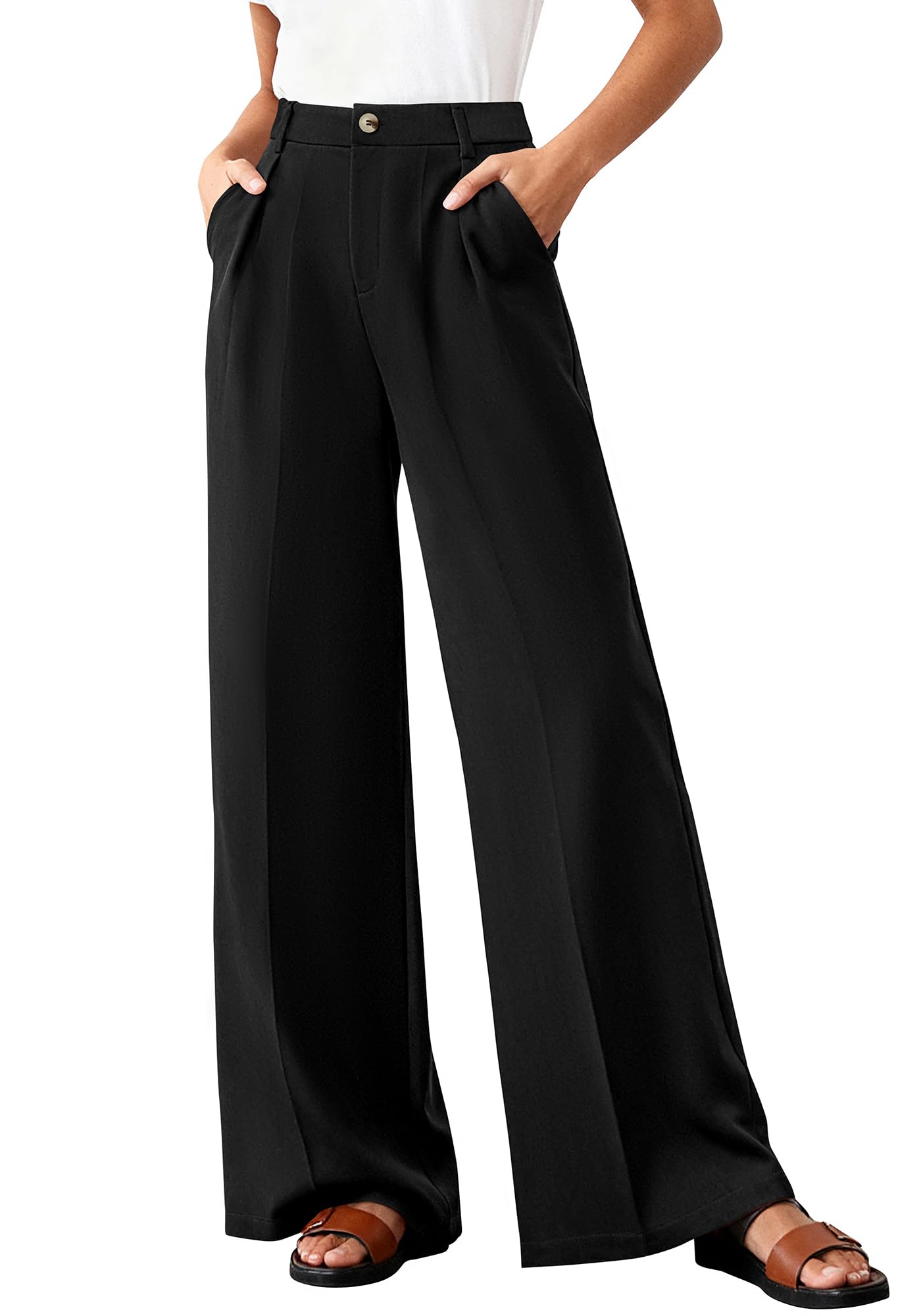 BTFBM Wide Leg Pants Woman High Waisted Button Business Casual Dressy Trousers Office Work Palazzo Pants Pockets