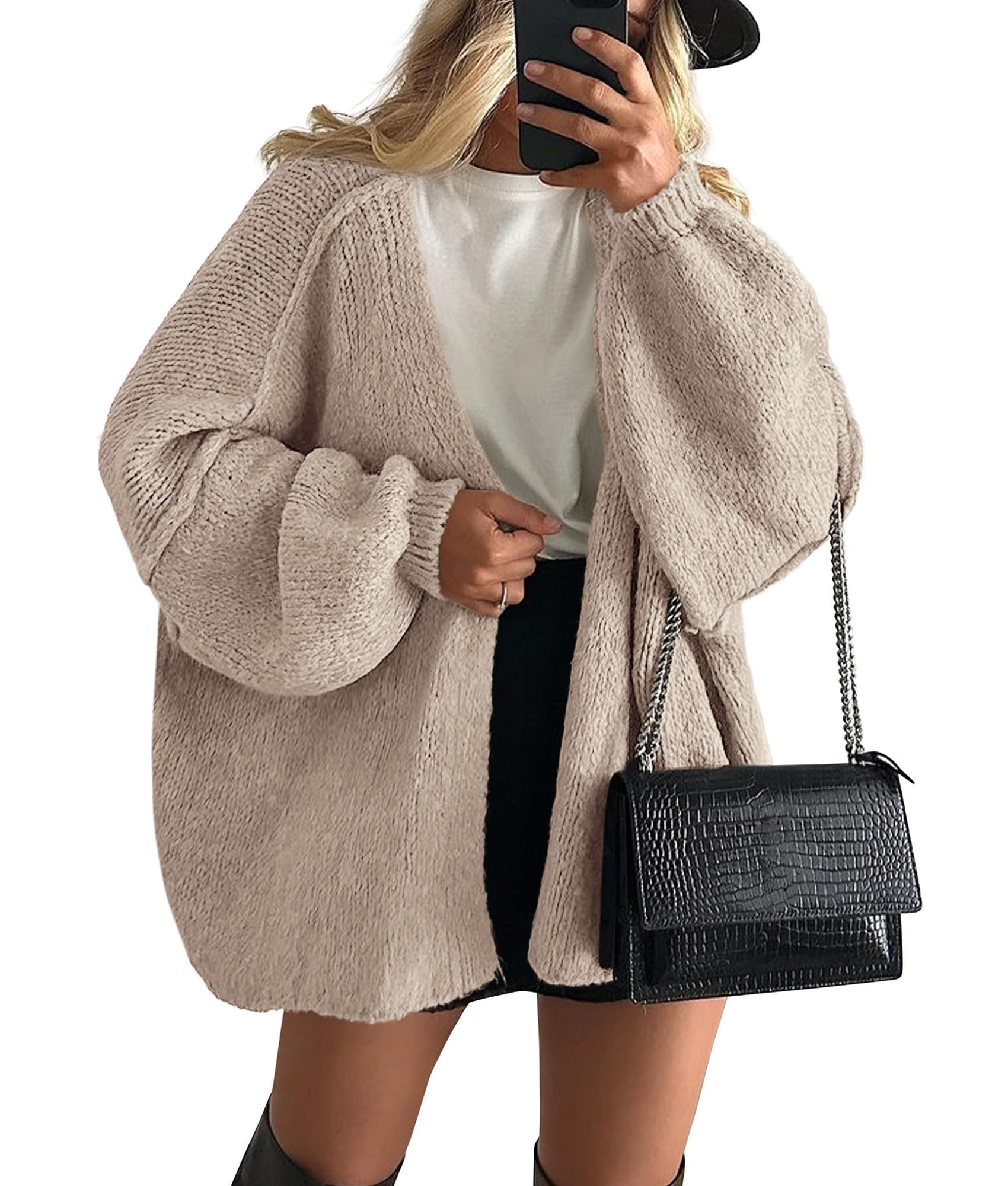 PRETTYGARDEN Womens Oversized Cardigan Sweaters Fall Long Lantern Sleeve Knit Open Front Lightweight Sweater