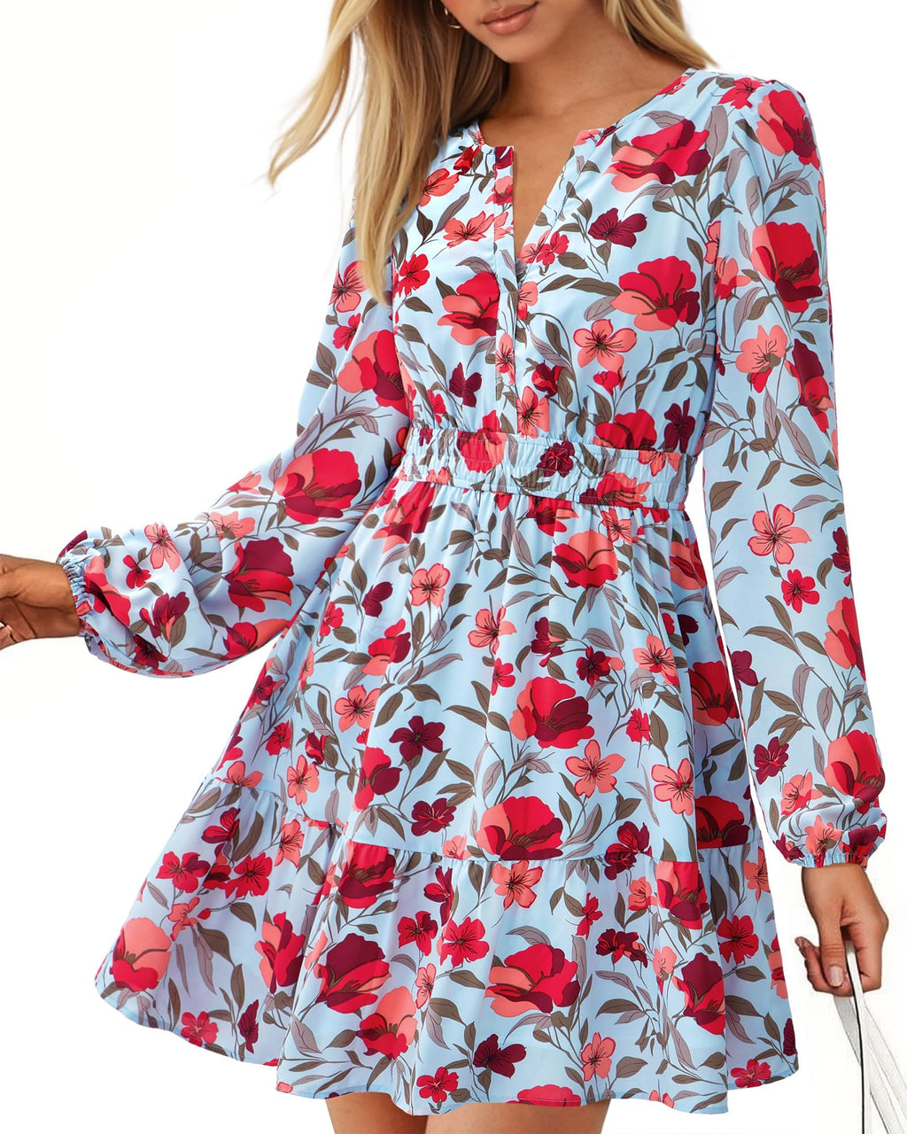 BTFBM Spring Dresses for Women Mini Long Sleeve Elastic Waist Summer Vacation Outfits Floral Wedding Guest Dress