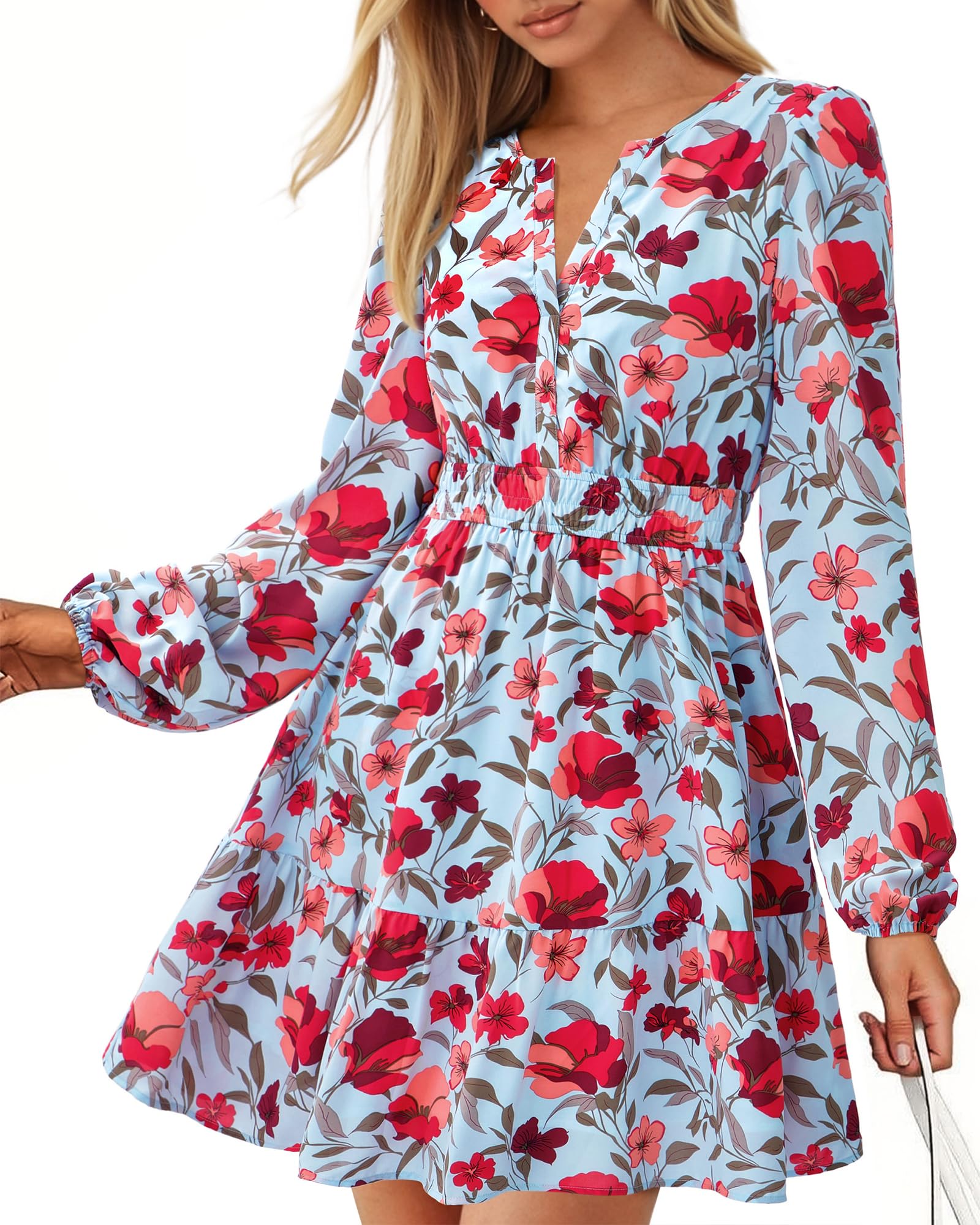 BTFBM Spring Dresses for Women Mini Long Sleeve Elastic Waist Summer Vacation Outfits Floral Wedding Guest Dress