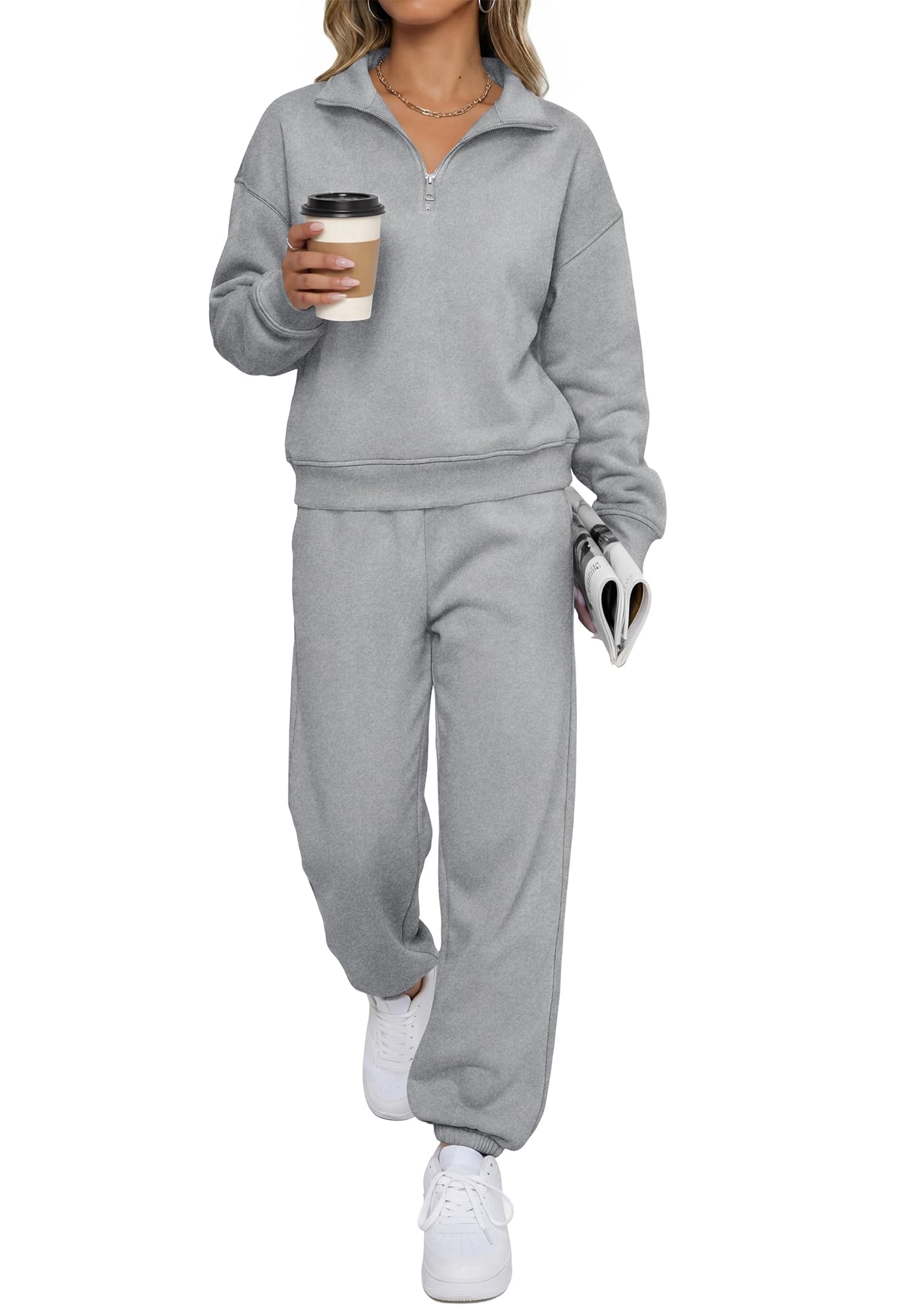 BTFBM Womens 2 Piece Outfits Sweatsuit Fleece Lounge Sets Quarter Zip Pullover Sweatshirt,Baggy Jogger Sweatpants,Fall Fashion Clothing,Airport Travel Matching Sweat Set