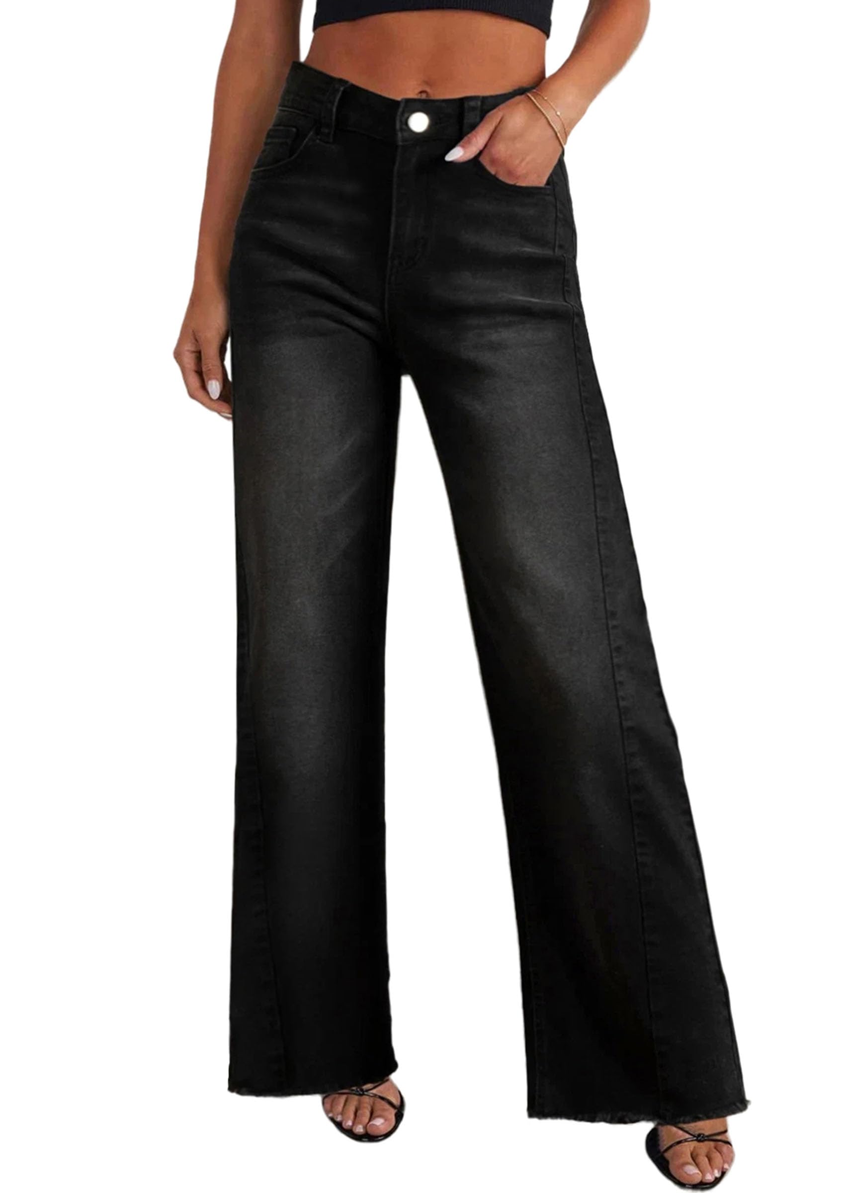 PRETTYGARDEN Wide Leg Jeans for Women Trendy High Waisted Stretchy Baggy Raw Hem Denim Palazzo Pants Fall Clothes