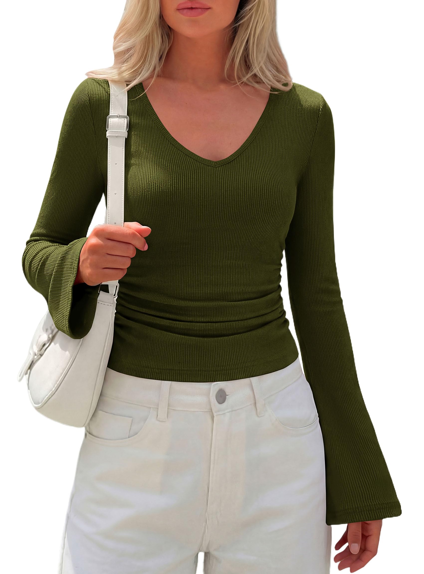 PRETTYGARDEN Women's Fall Trendy Bell Long Sleeve Tops | Soft Stretchy,Ribbed Textured,V Neck,Slim Fitted Shirts,Ruched Basic Tees,Y2K Going Out,Casual Outfits,Fashion Clothing