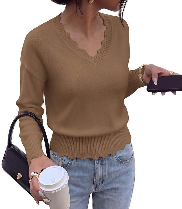 BTFBM Fall Long Sleeve Sweaters for Women | V Neck,Drop Shoulders,Scallop Edges,Lightweight Knit Sweaters Top,Daily Wear,Holiday,Christmas,Winter Clothing