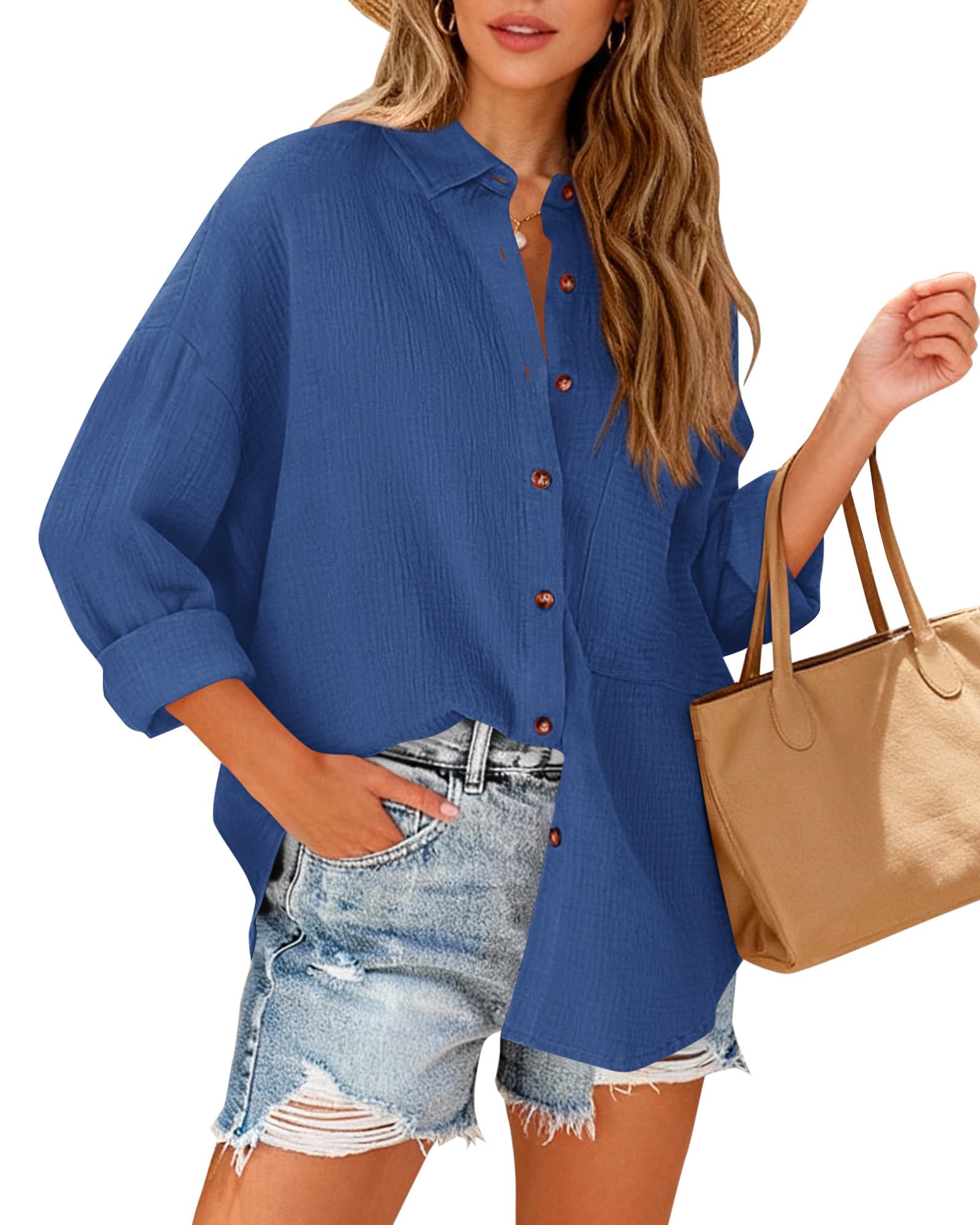 FreshPretty Casual Shirts for Women Long Sleeve Button Down Blouses Fall Solid Color Trendy Tops with Pocket