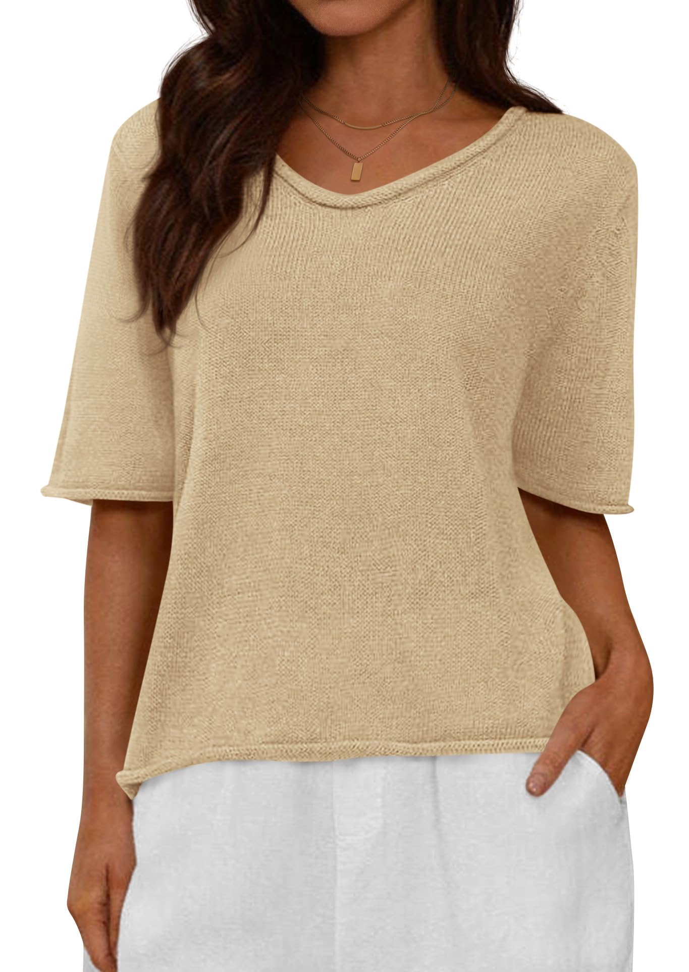 FreshPretty Sweaters for Women Summer Oversized Half Short Sleeve Knitted Pullover V Neck‌ Casual Loose Fit Spring Tops