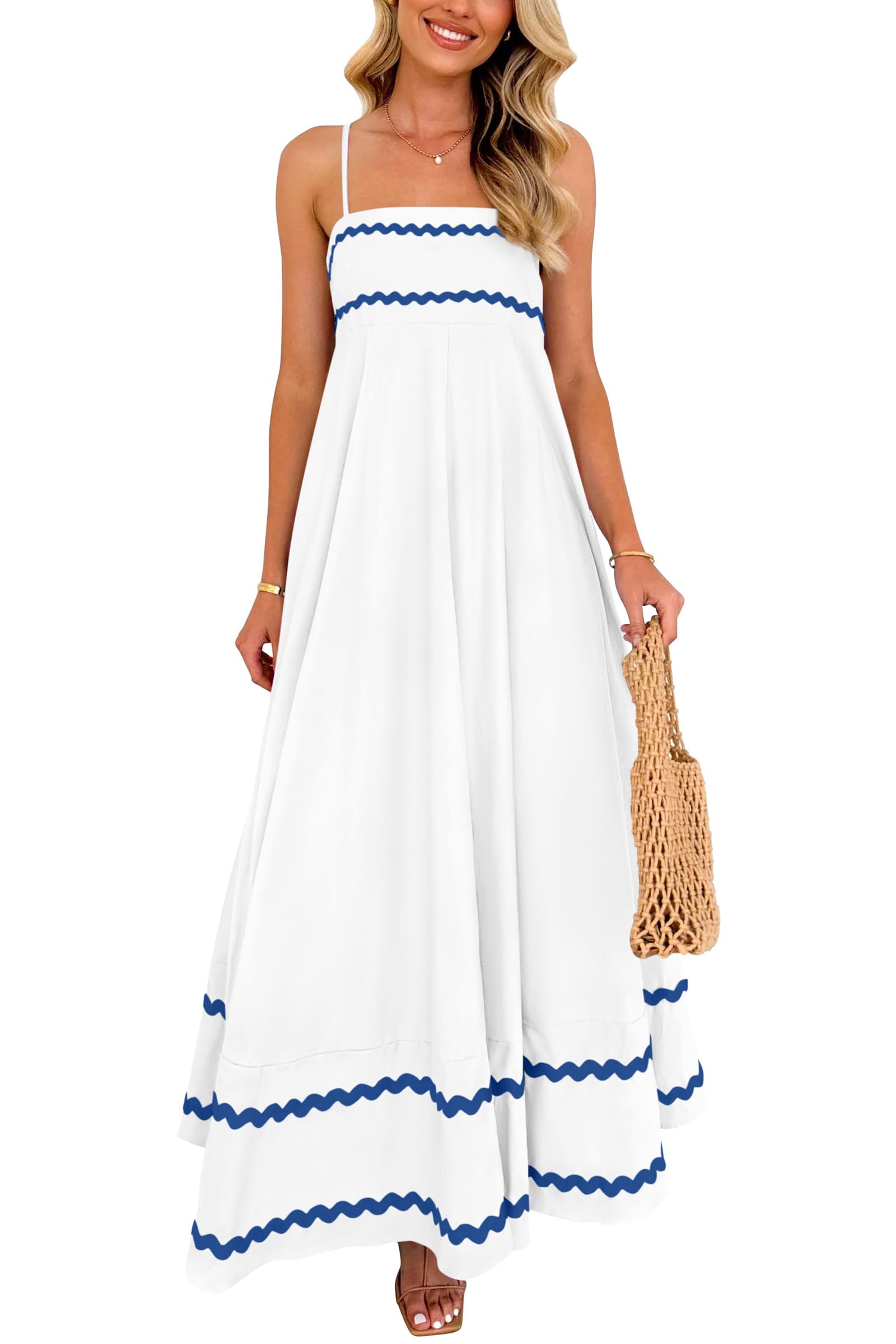 PRETTYGARDEN Women's Summer Flowy Maxi Dress Casual Sleeveless Spaghetti Strap Ruffle Beach Long Dresses