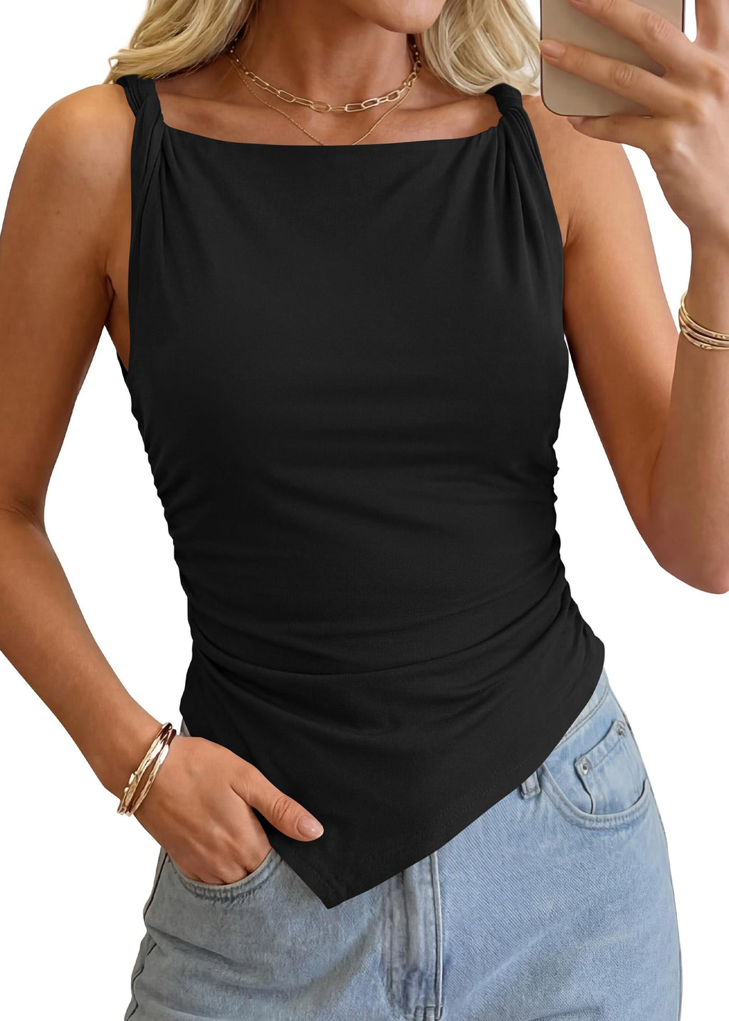 FreshPretty Going Out Tops for Women Summer Twist Straps Asymmetrical Ruched Tank Top Slim Fit Sleeveless Shirts Y2K Clothes
