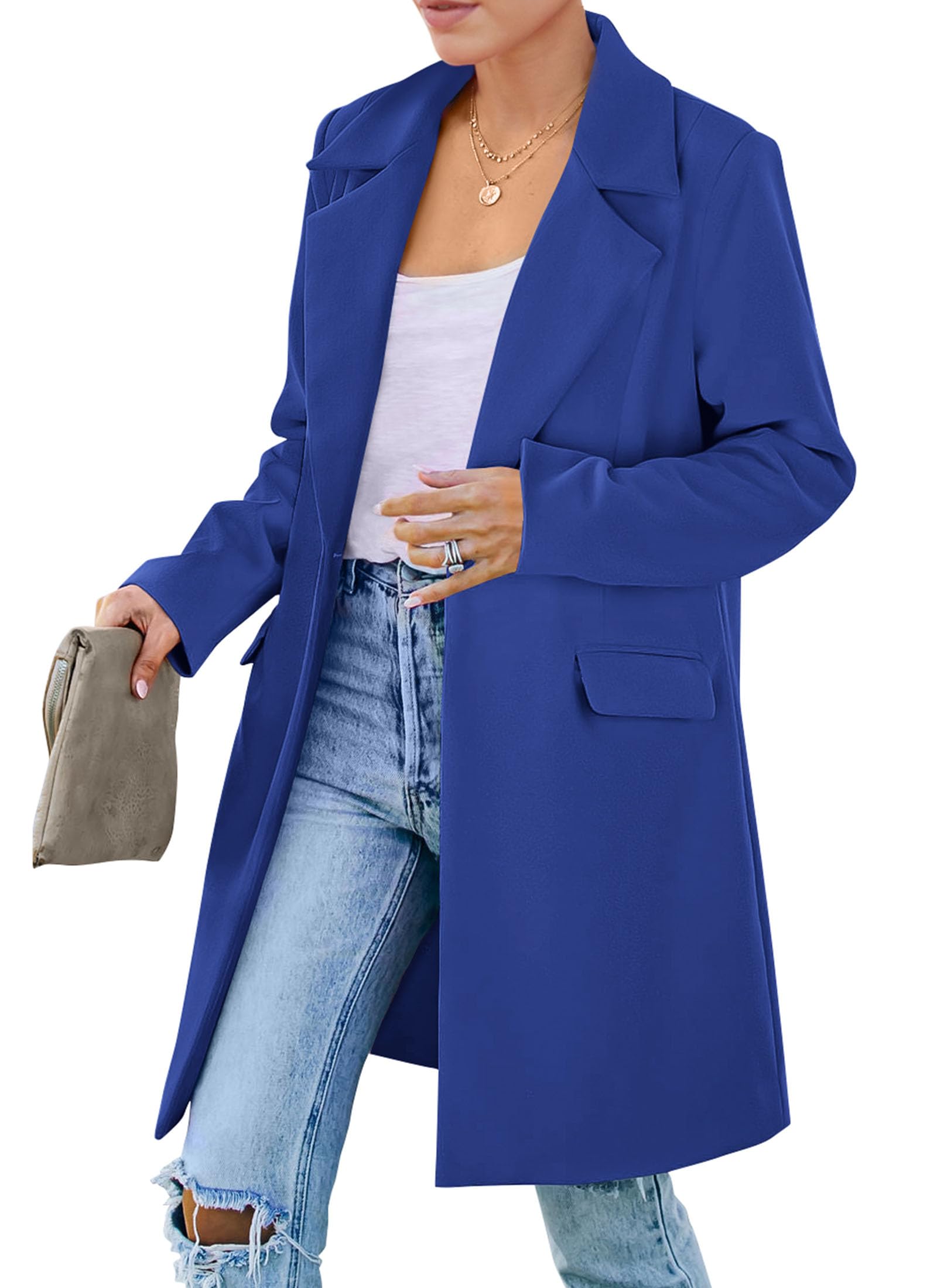 PRETTYGARDEN Women's Spring Fall Long Blazer Jackets Long Sleeve Lapel Pockets Loose Fit Work Casual Blazers Outerwear
