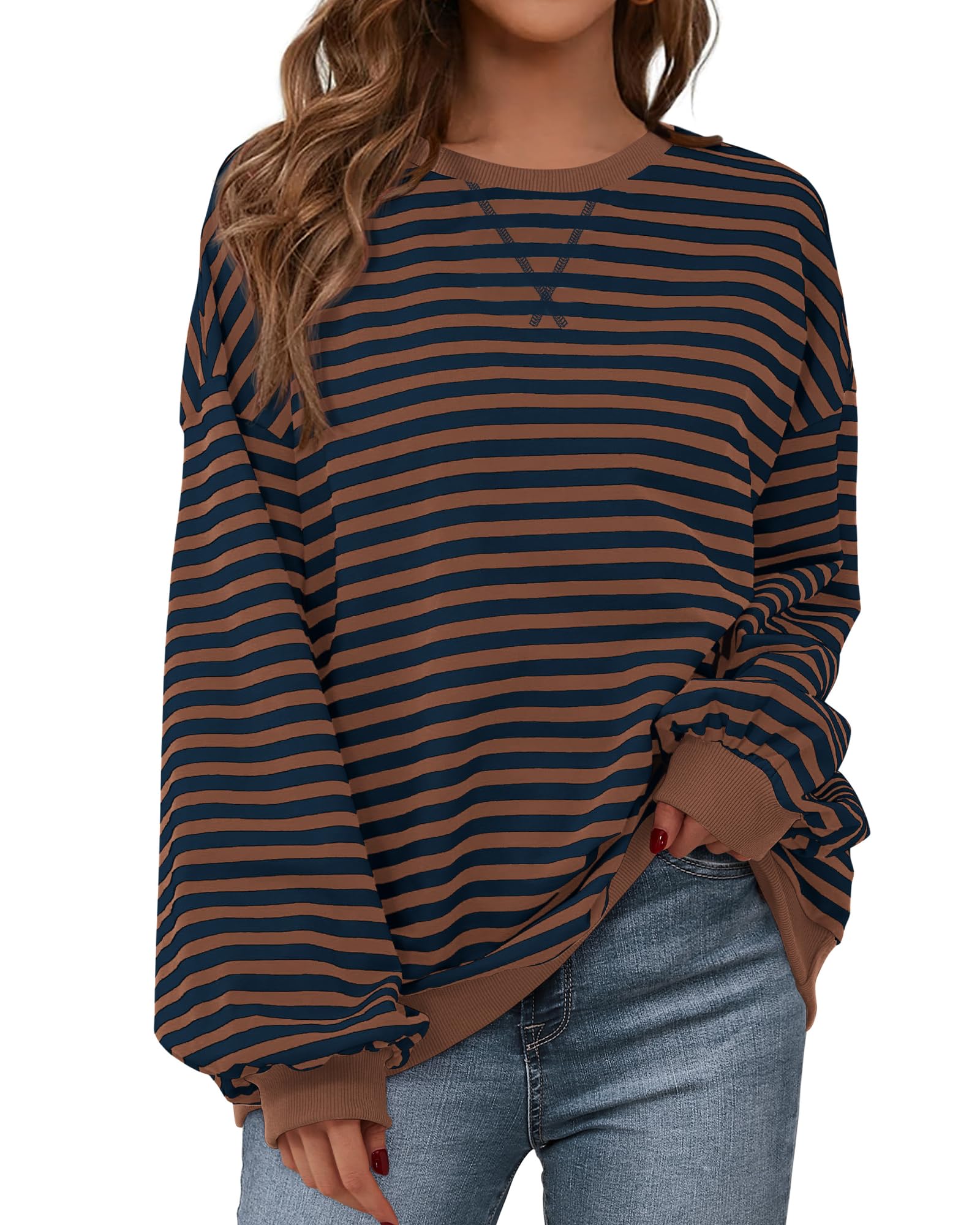 BTFBM Sweatshirt For Women Summer Crewneck Long Sleeve Oversized Striped Pullover Tops Y2K Clothes Workout Shirt
