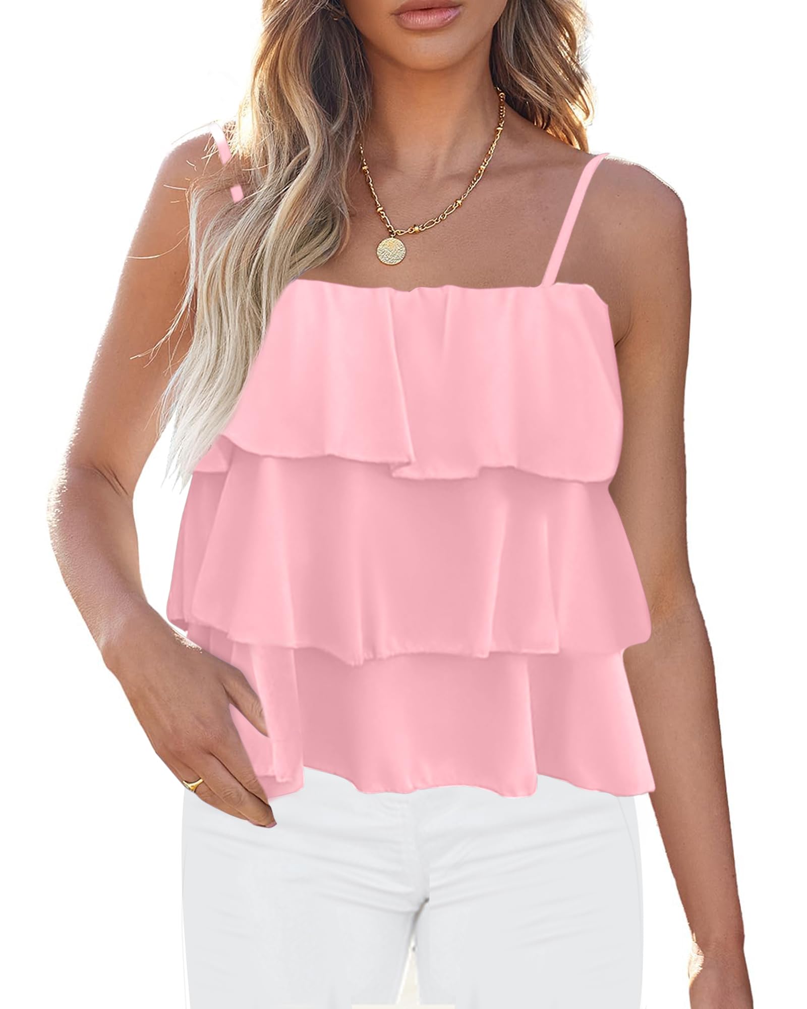 FreshPretty Spaghetti Strap Ruffle Babydoll Peplum Tank Tops for Women Summer Cute Flowy Beach Vacation Cruise Outfits