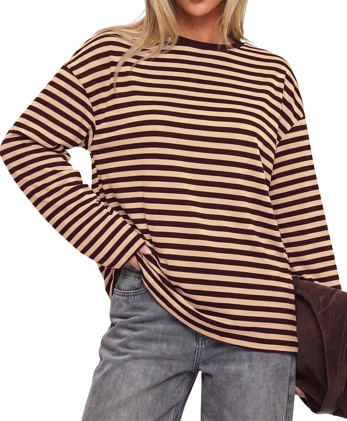 BTFBM Womens Long Sleeve Tops Fall Fashion | Lightweight, Crew Neck, Oversized Striped Shirt Women, Y2k Clothes, Vacation Travel Outfits, Going Out Top, Winter Layering