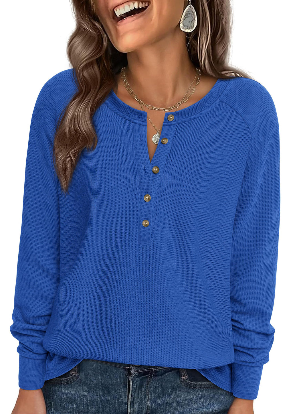 PRETTYGARDEN Women's Long Sleeve Waffle Knit Shirts Fall Casual Button Up Henley V Neck Tunic Tops Loose Fit Basic Tees
