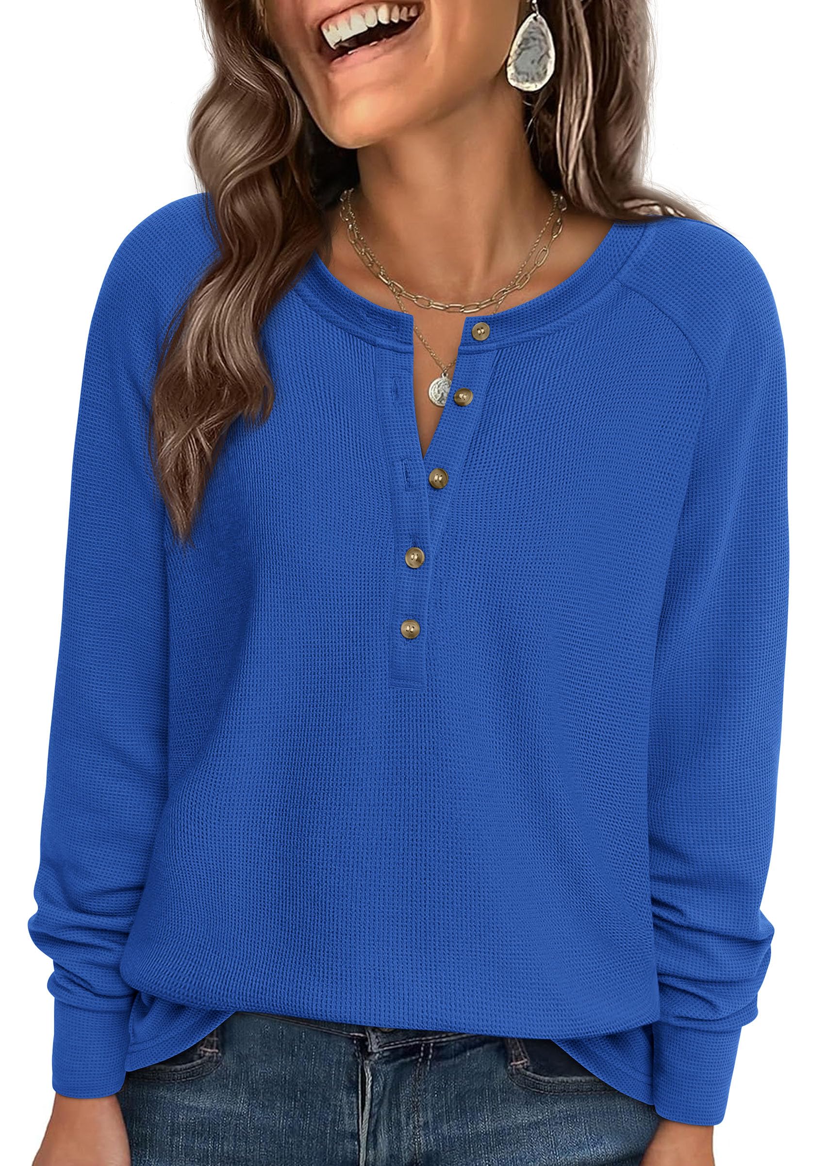 PRETTYGARDEN Women's Long Sleeve Waffle Knit Shirts Fall Casual Button Up Henley V Neck Tunic Tops Loose Fit Basic Tees