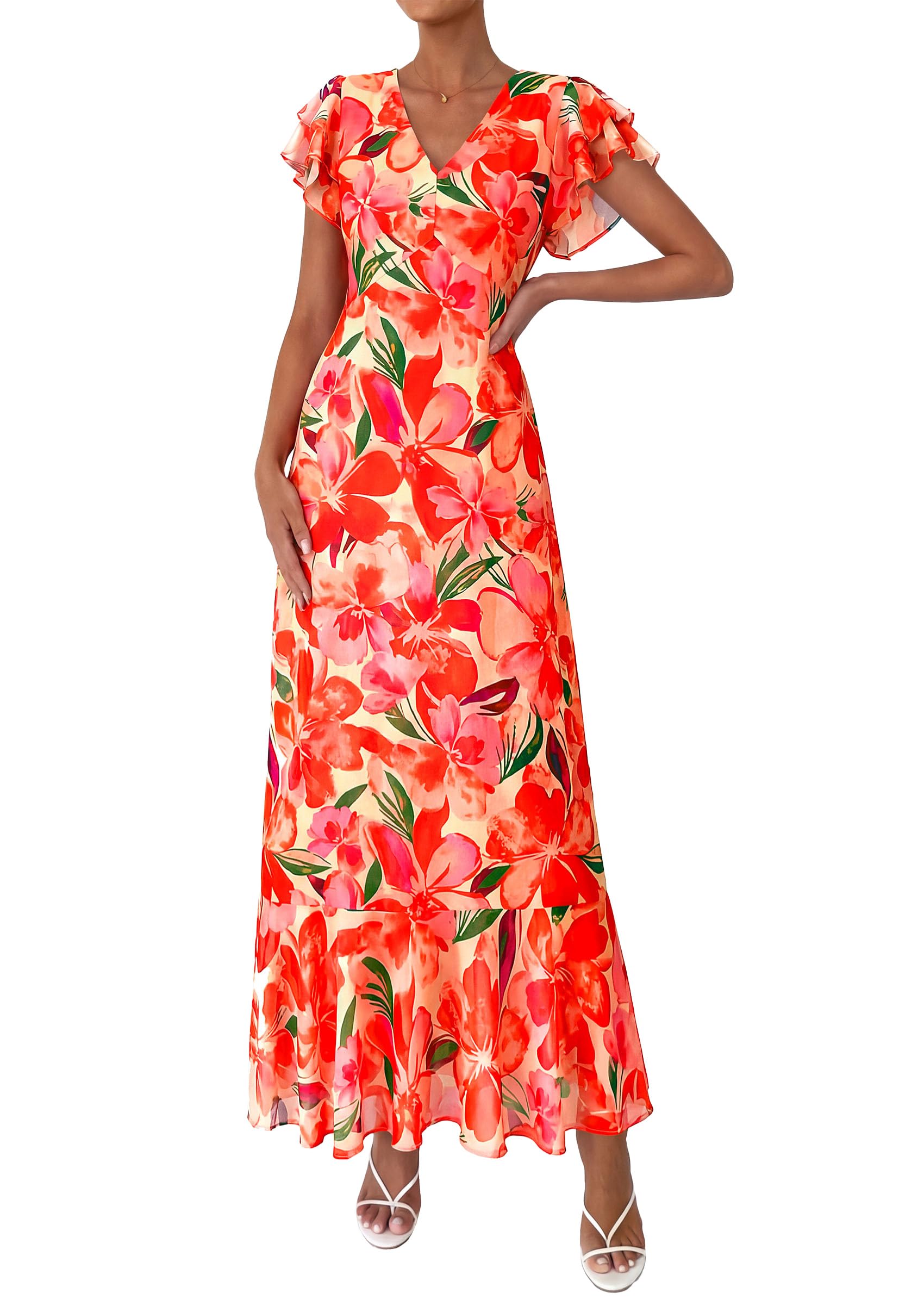 PRETTYGARDEN Womens Summer Floral Maxi Dresses Spring Short Sleeve Ruffle V Neck Flowy Boho Long Beach Vacation Sundress
