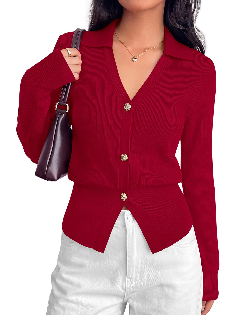 BTFBM Women Long Sleeve Lightweight Cardigans Knitted Button Down Shirts Lapel V Neck, Cropped Sweaters, Slim Fit, Ribbed, Y2K Going Out Tops, Business Casual Outfits, Spring, Fall, Winter Layering