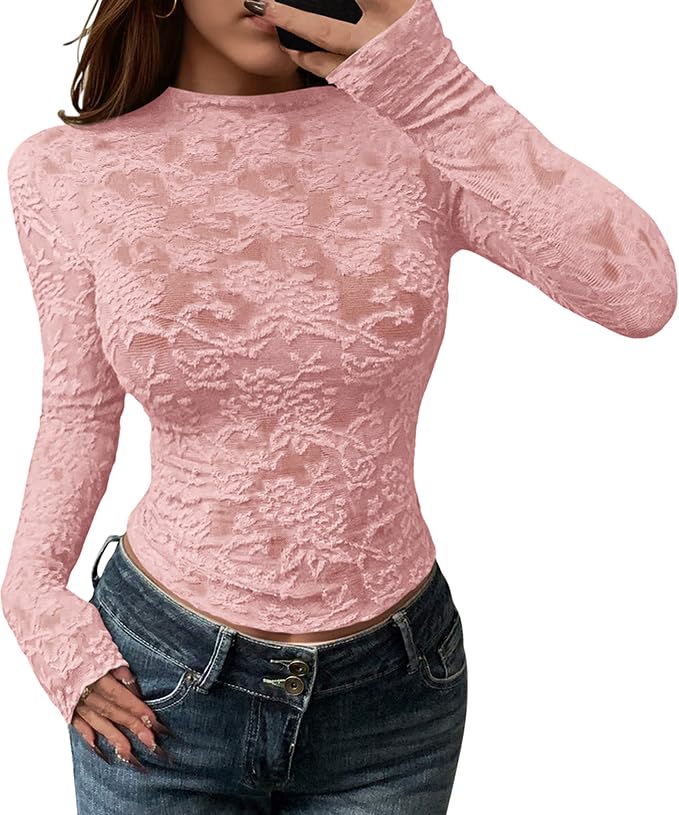 BTFBM Mesh Long Sleeve Tops for Women Lace Sheer Tight See Through Crew Neck Spring Fall Party Club Outfits