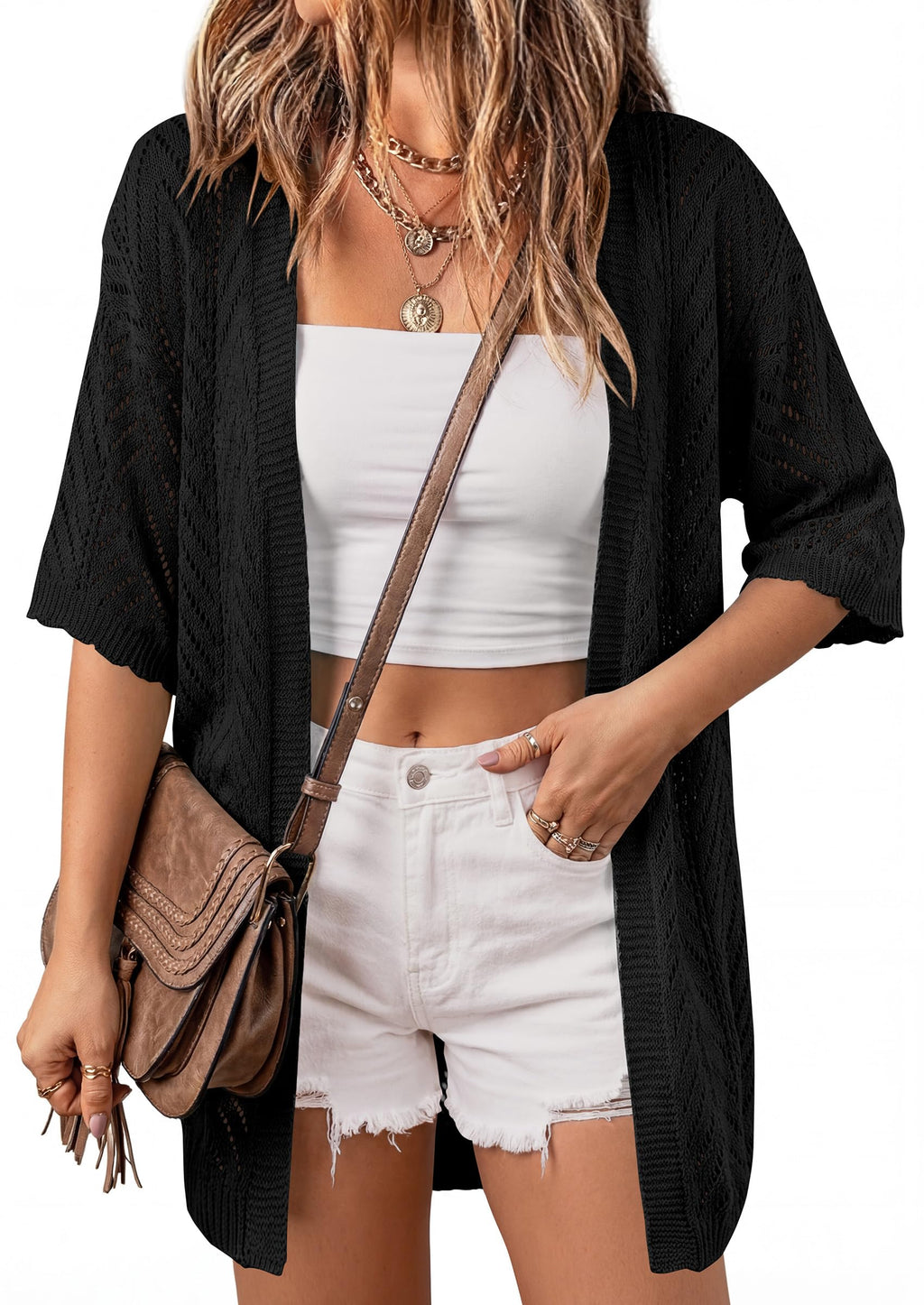 PRETTYGARDEN Women's Lightweight Summer Cardigans Short Sleeve Knit Crochet Coverups Spring Boho Beach Vacation Clothes