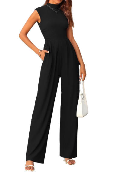 FreshPretty Womens Jumpsuit Dressy Casual Summer Outfits One Piece Cap Sleeve Mock Neck Wide Leg Pants Rompers with Pockets