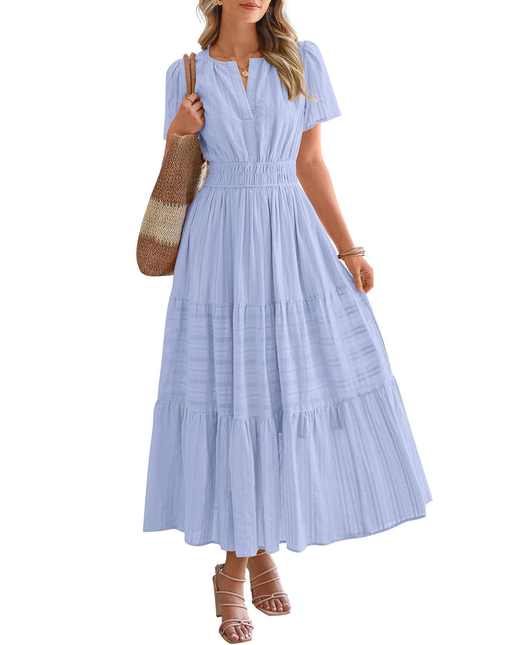 FreshPretty Womens Summer Casual Midi Maxi Dresses Lightweight Short Sleeve V Neck Elastic Waist Boho Beach Dress Pockets