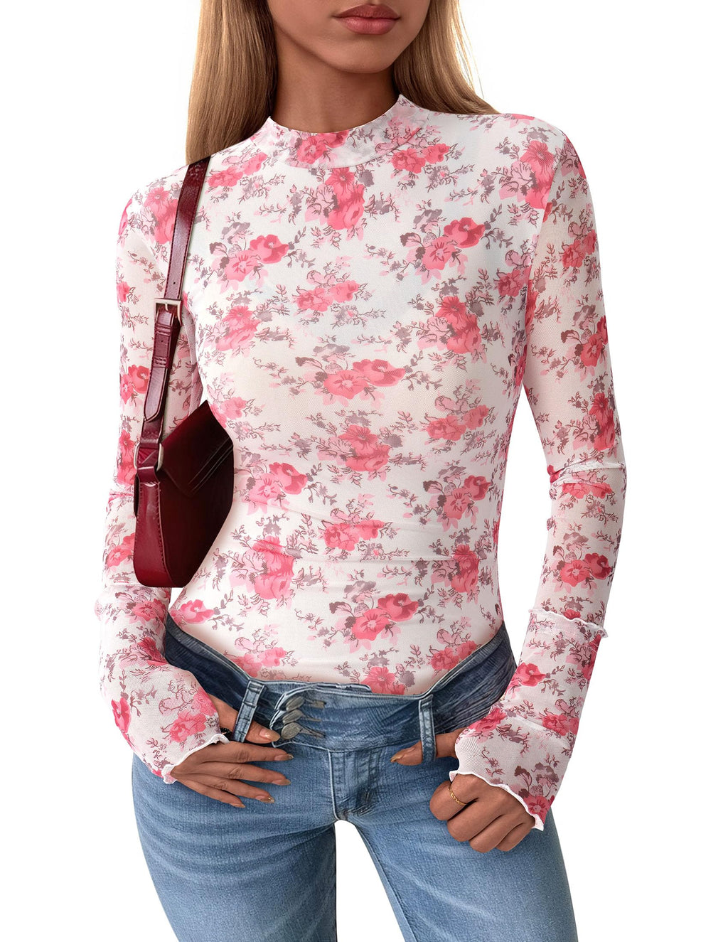 PRETTYGARDEN Womens Fall Mesh Floral Blouses Long Sleeve Going Out Tops Slim Fitted Shirts Date Night Outfits